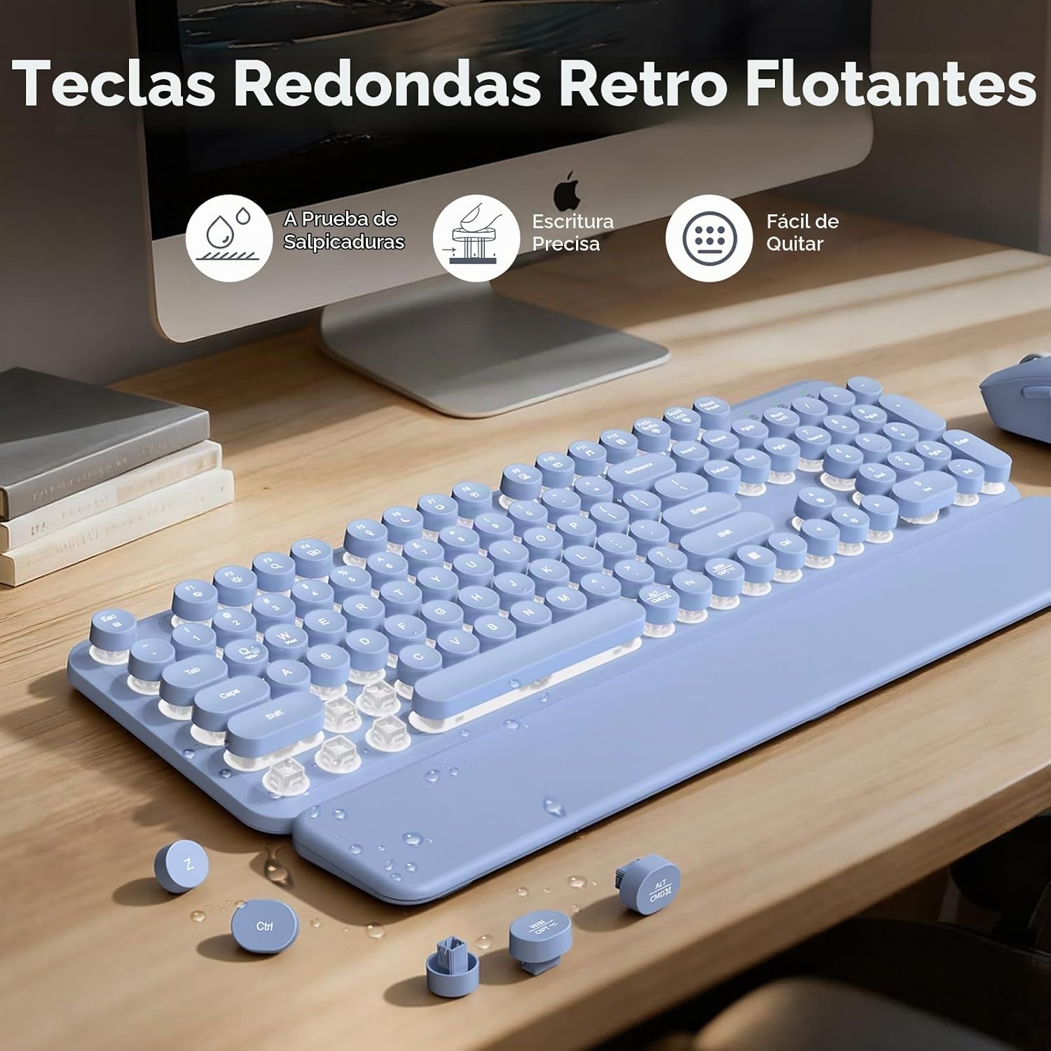 KIT INALÁMBRICO DE TECLADO Y MOUSE SABLUTE RETRO CON TECLAS REDONDAS Y LUZ MORADA - 4