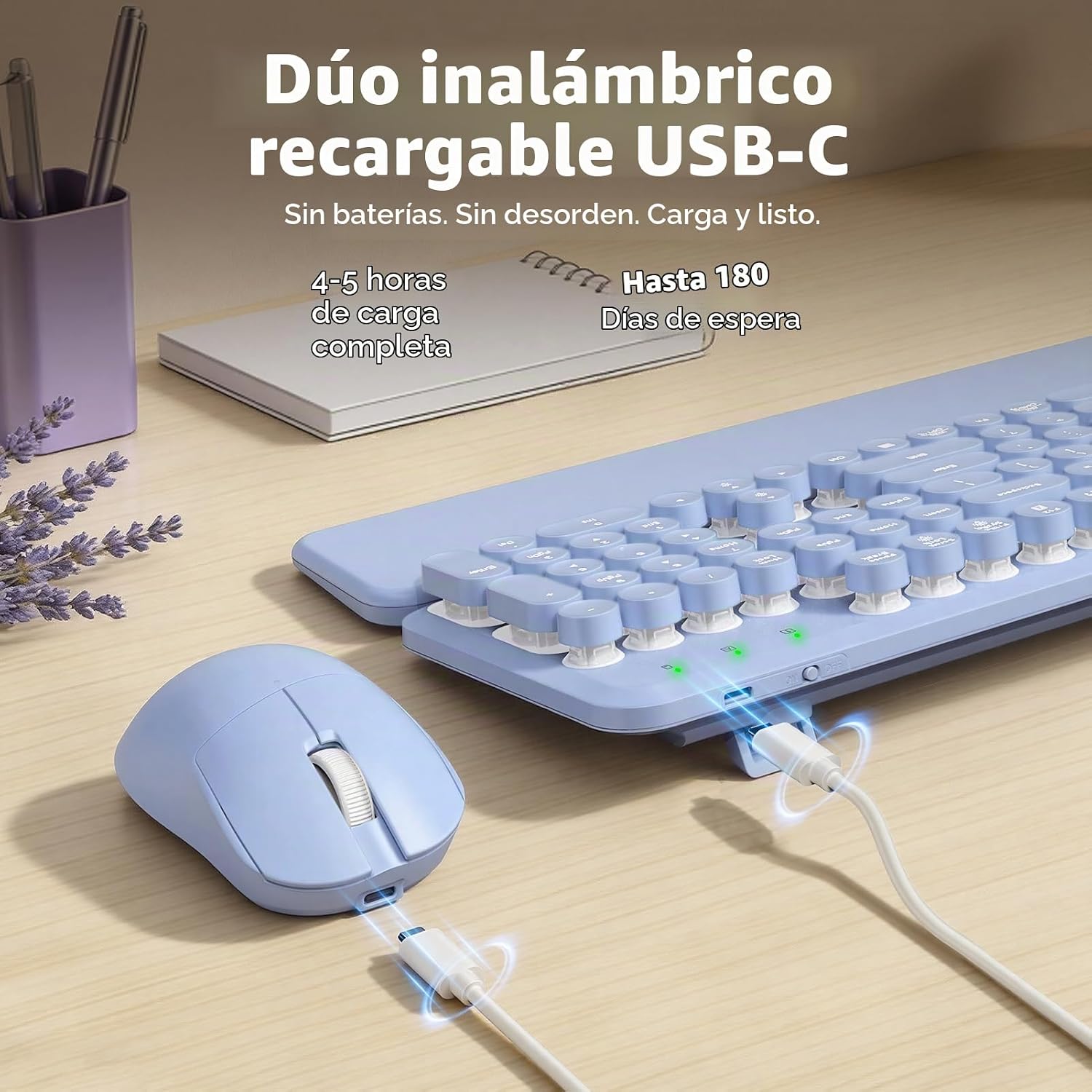 KIT INALÁMBRICO DE TECLADO Y MOUSE SABLUTE RETRO CON TECLAS REDONDAS Y LUZ MORADA - 5