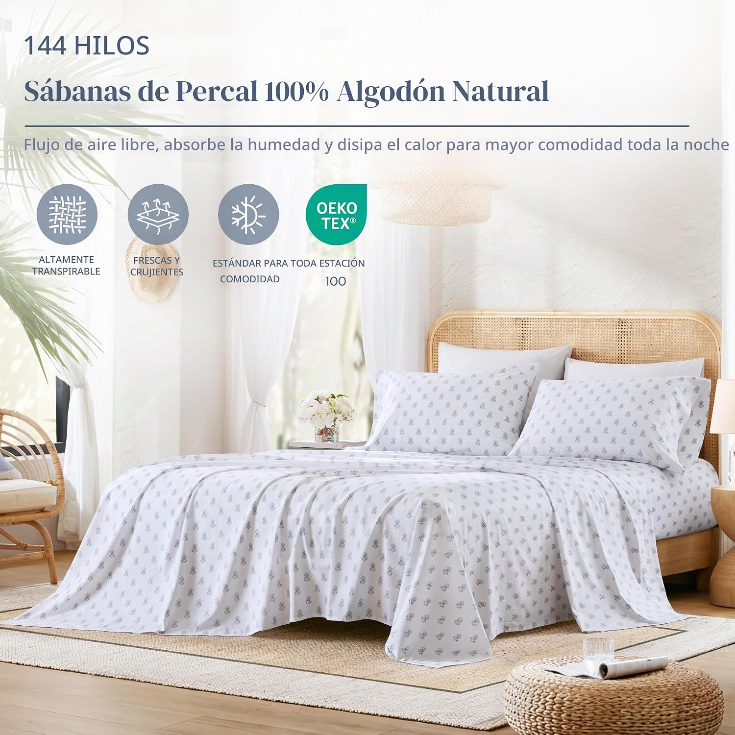 JUEGO DE SÁBANAS COMFORT SPACES PERCALE ALGODÓN 100% QUEEN FLORAL AZUL - 2