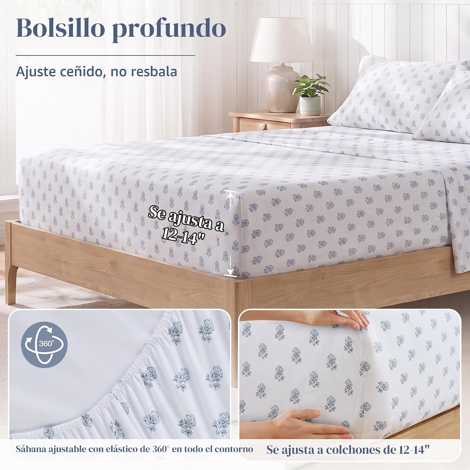 JUEGO DE SÁBANAS COMFORT SPACES PERCALE ALGODÓN 100% QUEEN FLORAL AZUL - 5