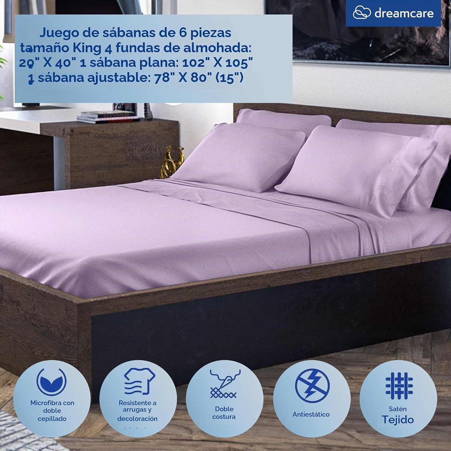 JUEGO DE SÁBANAS KING DREAMCARE 6 PIEZAS MICROFIBRA - 3