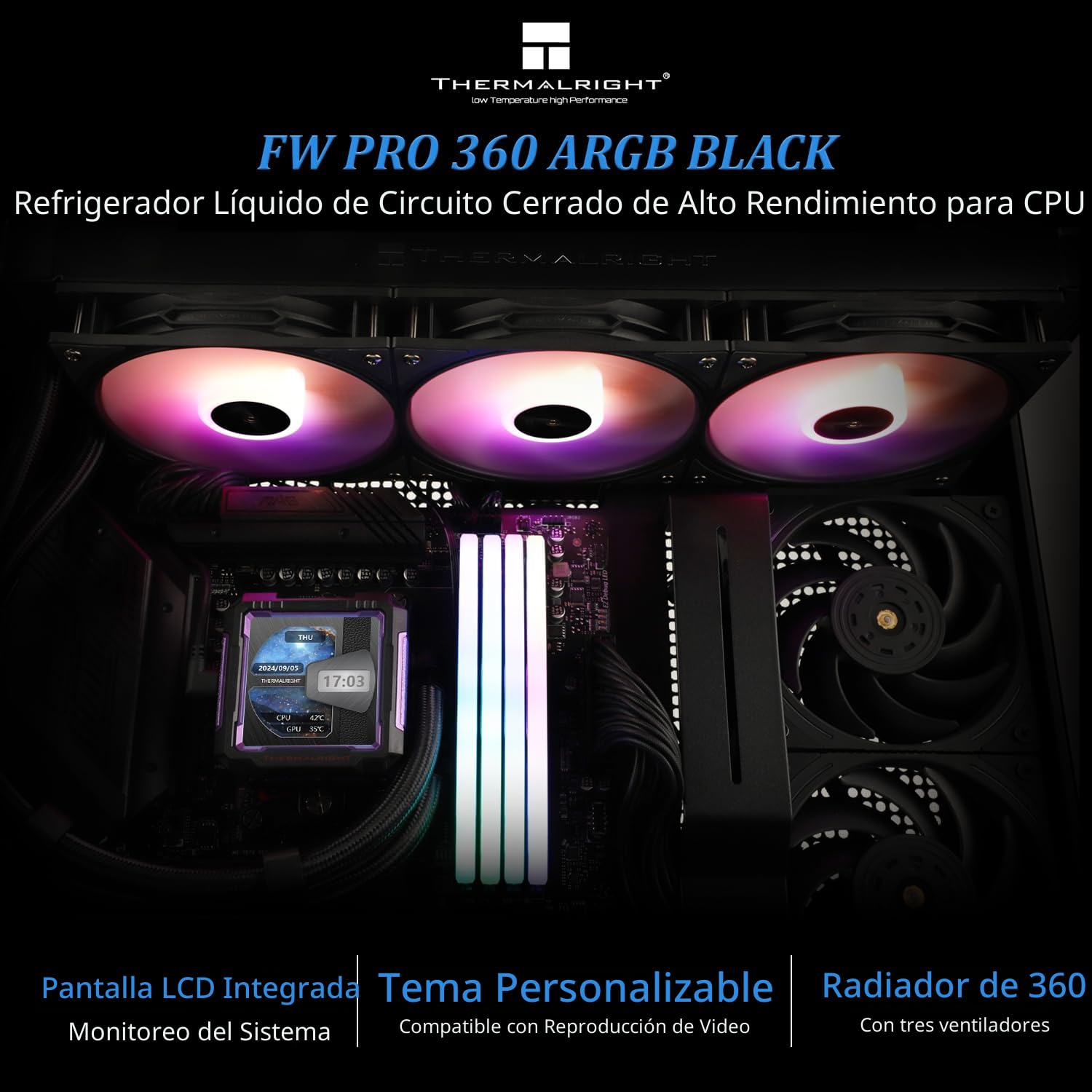 ENFRIADOR LÍQUIDO PARA CPU THERMALRIGHT FW PRO 360 ARGB BLACK CON PANTALLA LCD 2.73 PULGADAS - 2