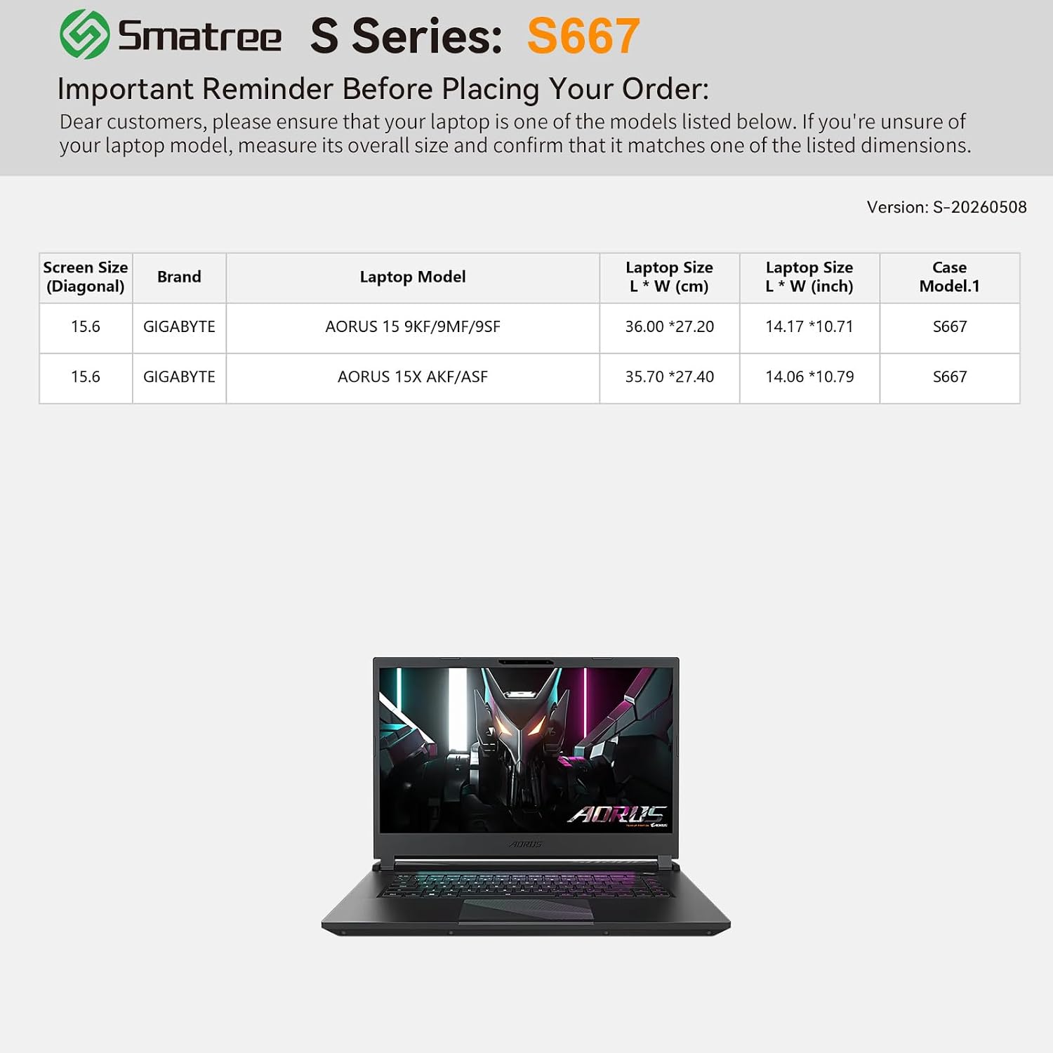 FUNDA PARA LAPTOP SMATREE PARA GIGABYTE AORUS 15 9KF/9MF/9SF 15.6 PULGADAS - 2