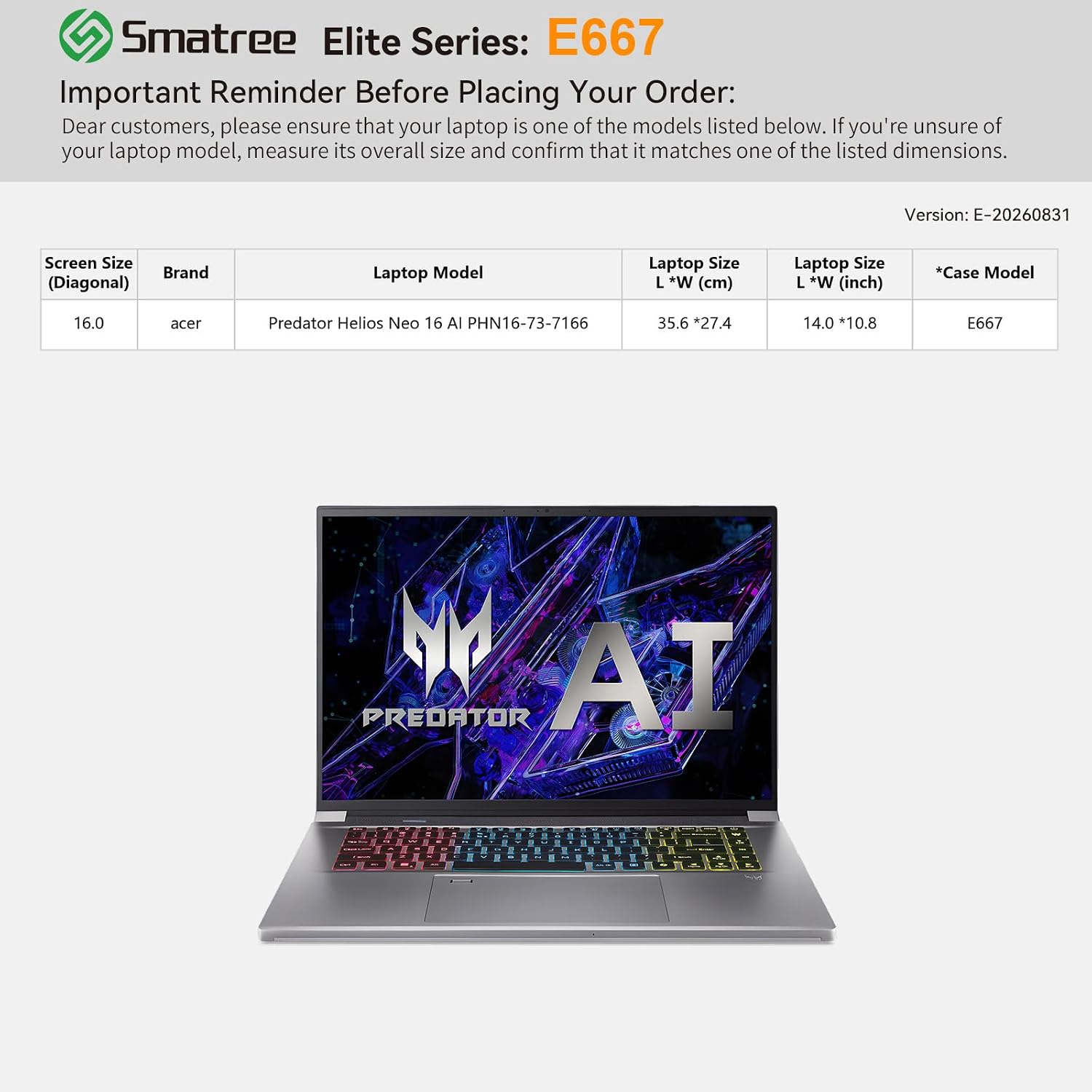 FUNDA PARA LAPTOP SMATREE ELITE PARA ACER PREDATOR HELIOS NEO 16 AI 16 PULGADAS - 2