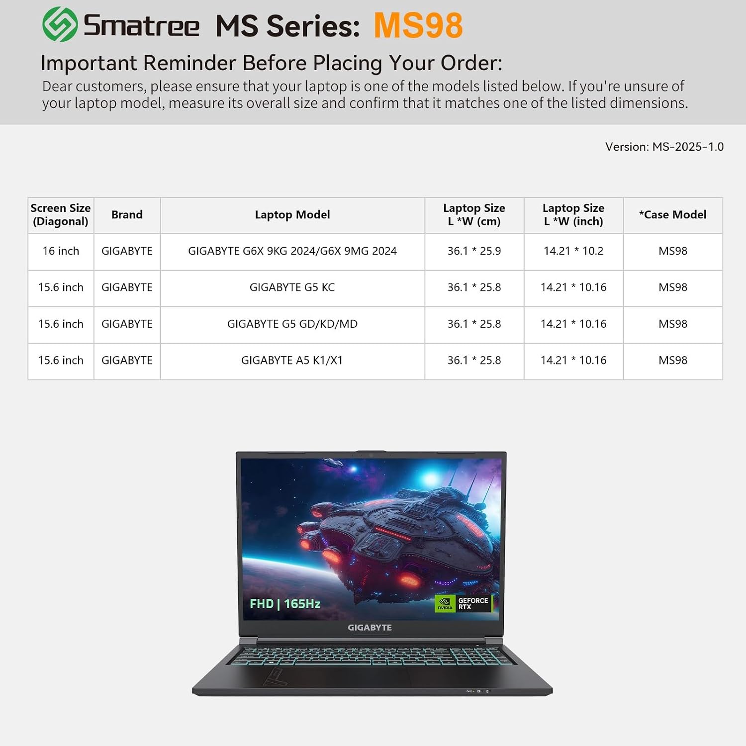 FUNDA RÍGIDA CON SOPORTE SMATREE MS98 PARA LAPTOP GIGABYTE AORUS G6X 16 PULGADAS 2024 - 2