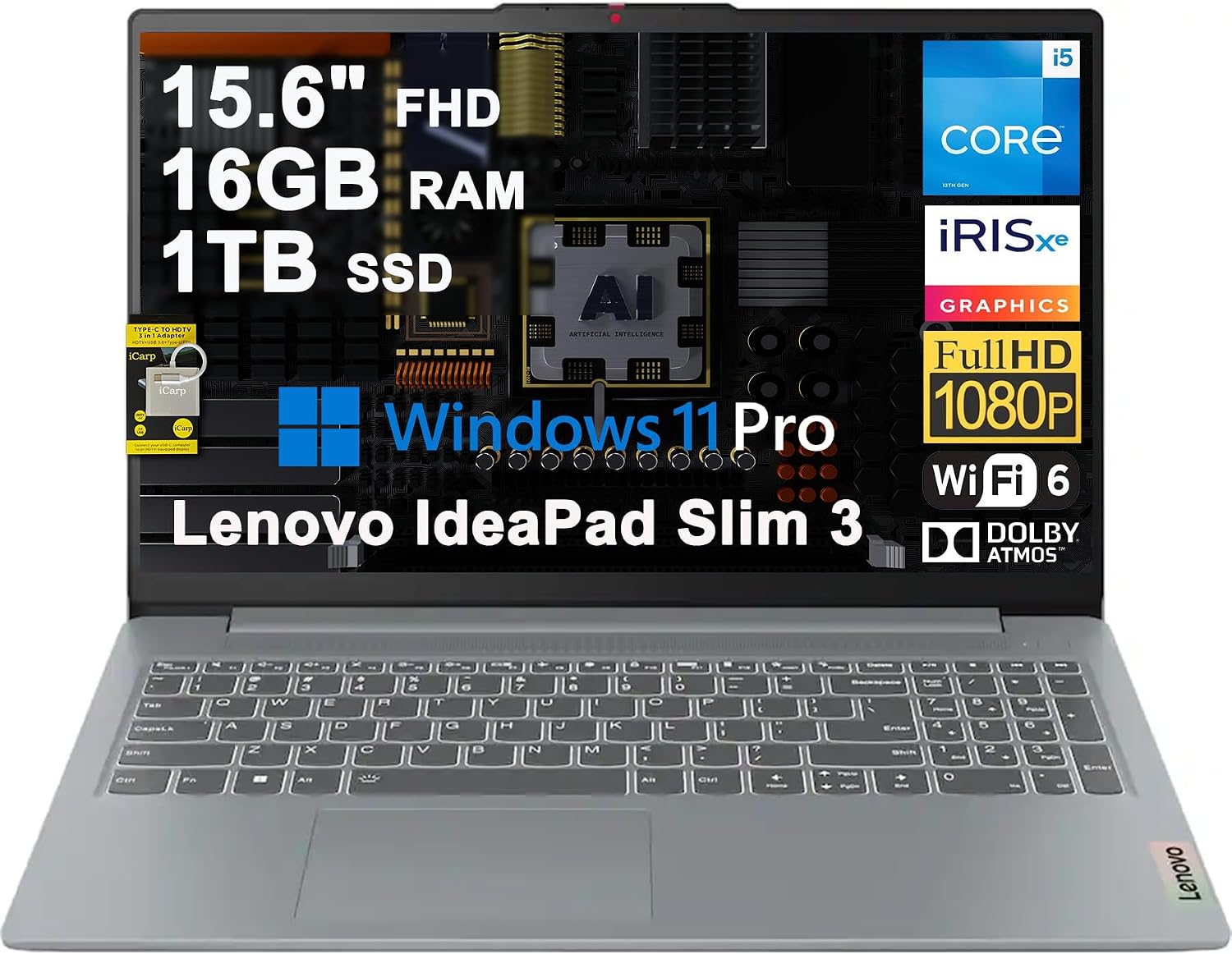LAPTOP LENOVO IDEAPAD SLIM 3 BUSINESS 15.6' FHD I5-1335U 16GB 1TB SSD WI-FI 6 WINDOWS 11 PRO - 1