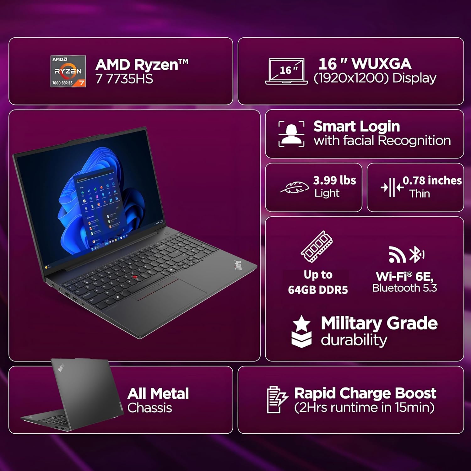 LAPTOP LENOVO THINKPAD E16 AMD RYZEN 7 7735HS 16GB DDR5 1TB SSD + 500GB HDD - 2
