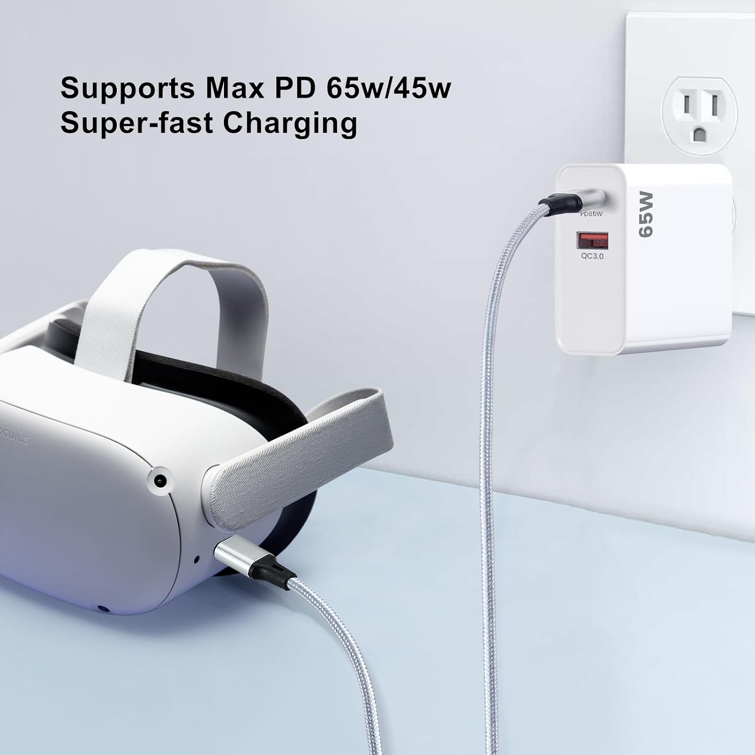 CARGADOR USB C PD65W WEISHAN PARA META QUEST 3S, 3 Y 2 VR, BLANCO - 3