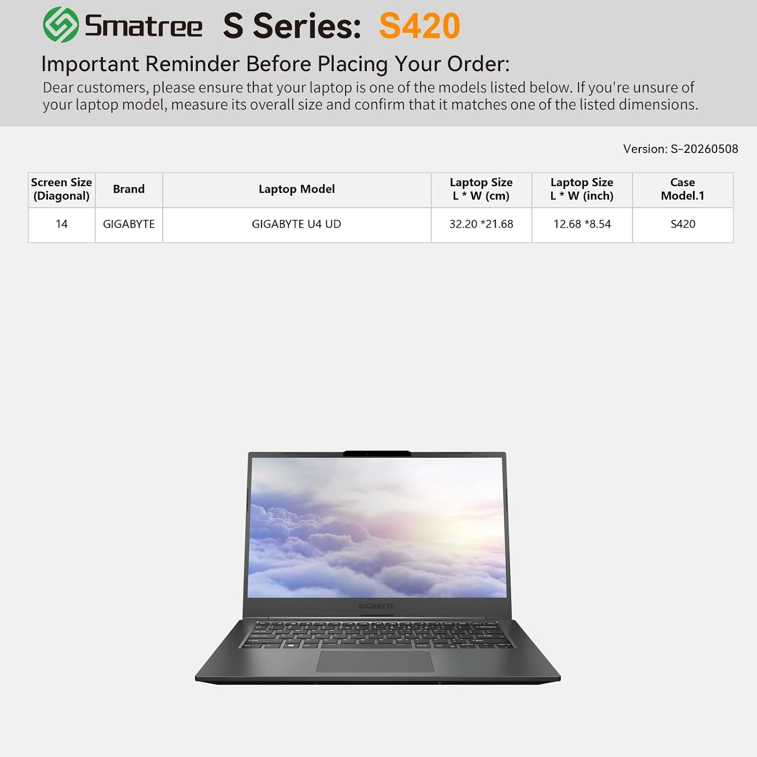 FUNDA PARA LAPTOP SMATREE S420 PARA 14' GIGABYTE U4 UD - 2