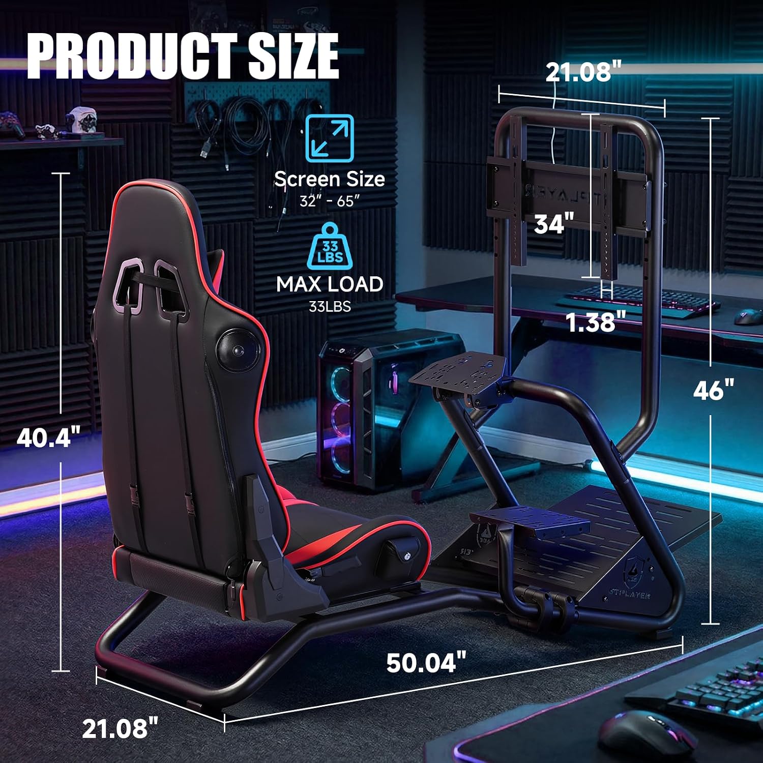 VOLANTE GTPLAYER RACING SIMULATOR COCKPIT CON SOPORTE PARA MONITOR Y ASIENTO RECLINABLE ROJO - 2