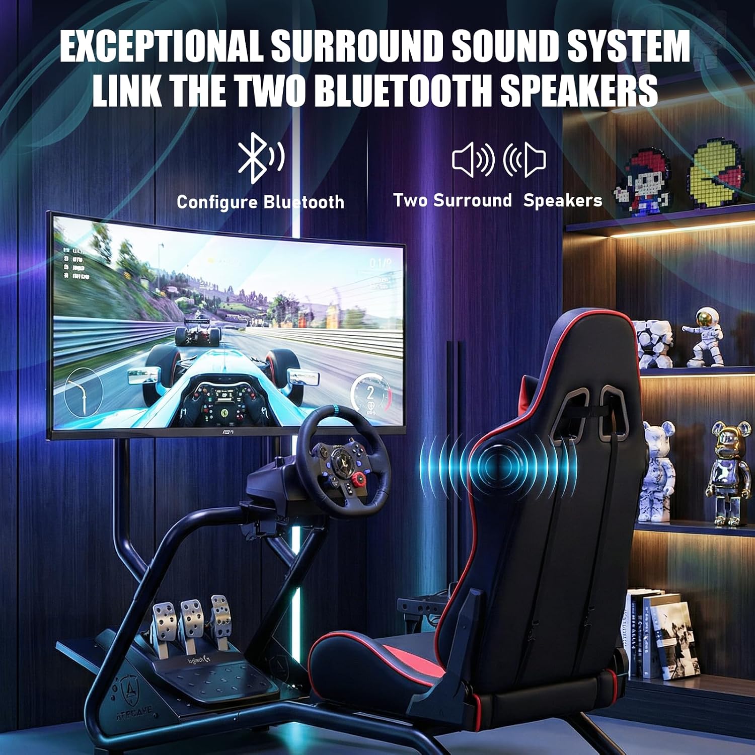 VOLANTE GTPLAYER RACING SIMULATOR COCKPIT CON SOPORTE PARA MONITOR Y ASIENTO RECLINABLE ROJO - 3