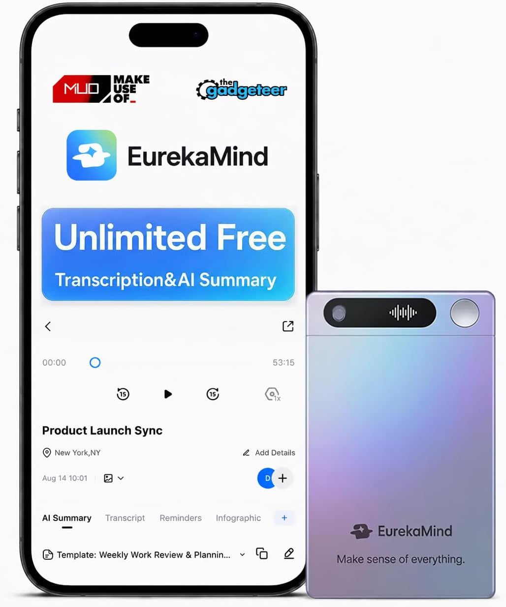 GRABADORA DE VOZ EUREKAMIND AI VOICE RECORDER 2.0 STANDARD CON TRANSCRIPCIÓN ILIMITADA - 1