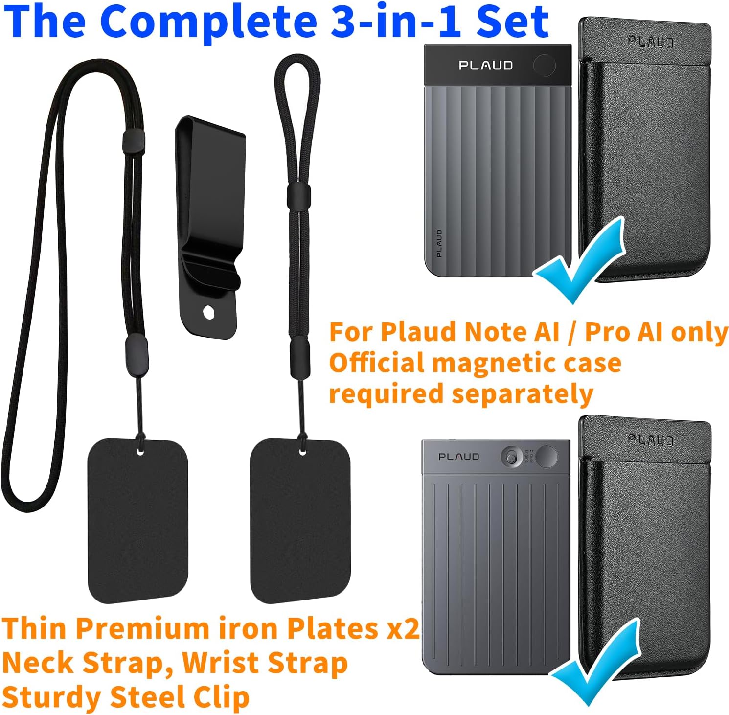 KIT 3 EN 1 PARA GRABADORA VINFFY PLAUD NOTE AI/PRO AI CON COLLAR, MUÑEQUERA Y CLIP NEGRO - 2