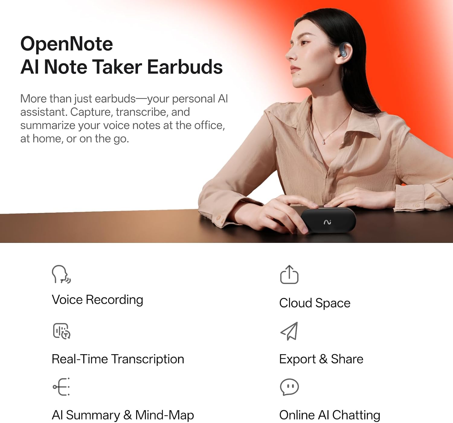 GRABADORA DE PERIODISTA VIAIM OPENNOTE OPEN-EAR AI NOTE TAKER Y VOICE RECORDER EARBUDS - 2