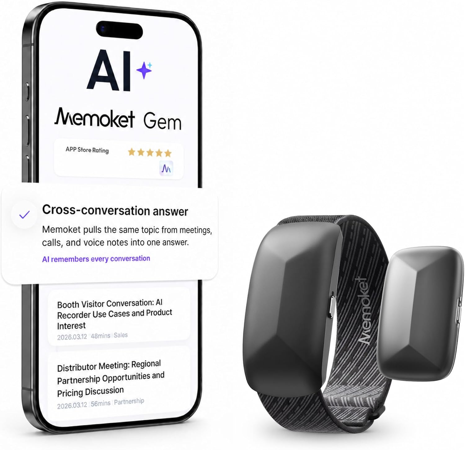 GRABADORA DE VOZ PORTÁTIL MEMOKET GEM CON INTELIGENCIA ARTIFICIAL Y PULSERA - 1