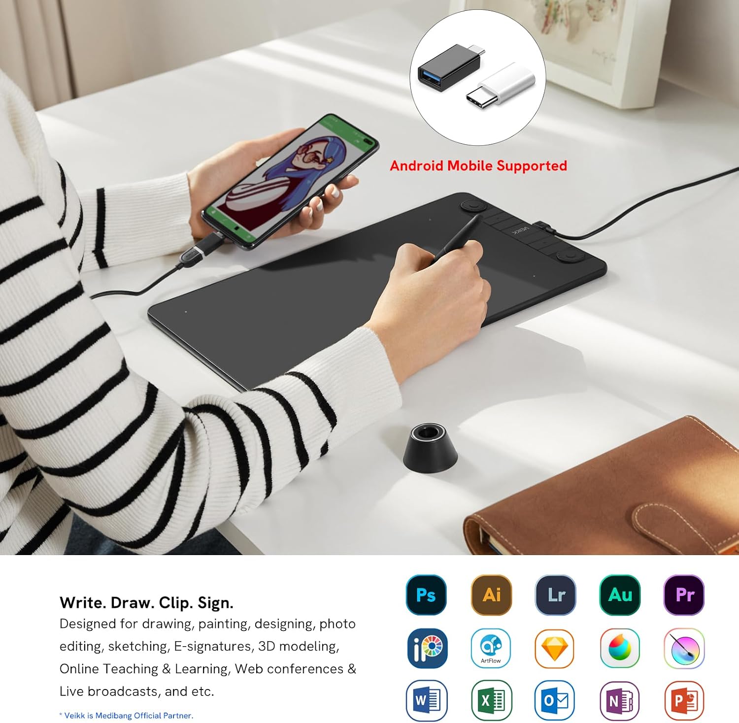 TABLETA GRÁFICA VEIKK VK1060PRO V2 10X6 PULGADAS CON 8 TECLAS RÁPIDAS Y LÁPIZ SIN BATERÍA - 4