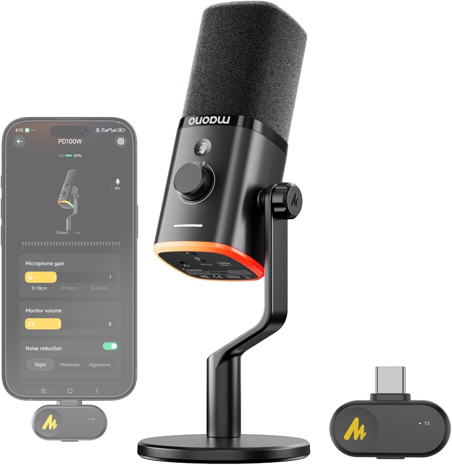 MICRÓFONO DINÁMICO INALÁMBRICO MAONO PD100W PARA GAMING CON RECEPTOR USB-C - 1