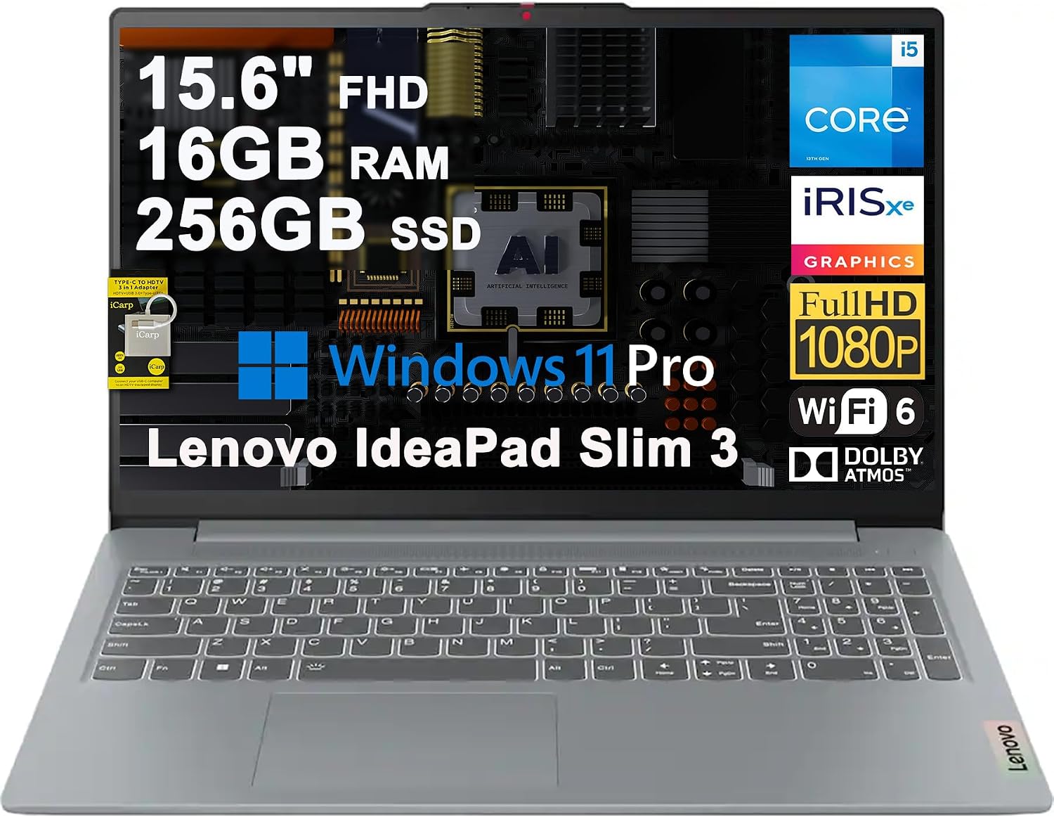 LAPTOP LENOVO IDEAPAD SLIM 3 BUSINESS 15.6' FHD I5-1335U 16GB RAM 256GB SSD WI-FI 6 WINDOWS 11 PRO - 1