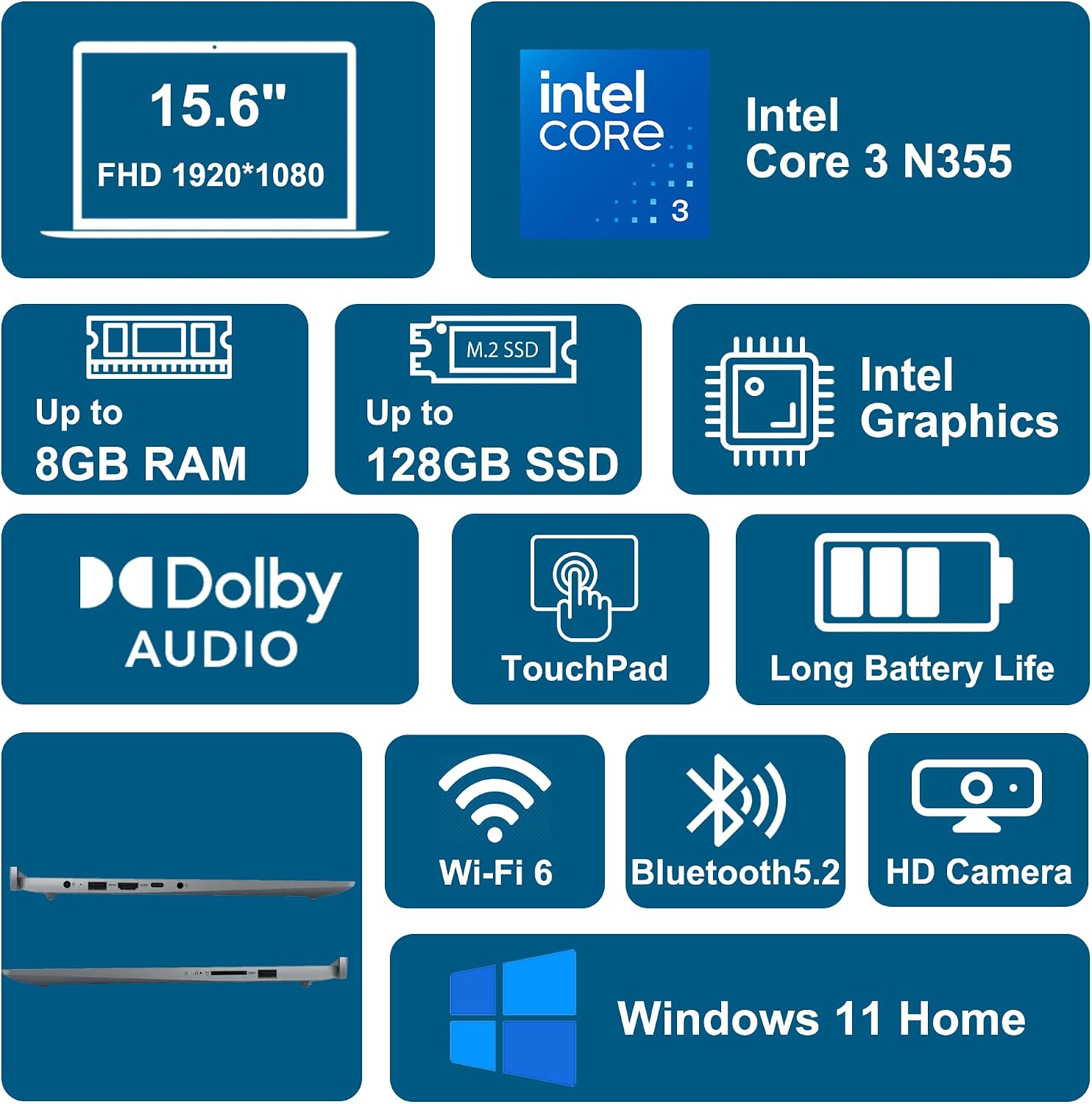 LAPTOP LENOVO IDEAPAD SLIM 3I 15.6' FHD INTEL CORE I3 N355 8GB DDR5 256GB (128GB SSD + 128GB SD CARD) GRIS - 2