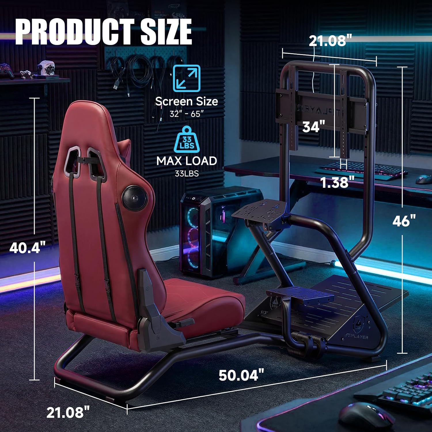 VOLANTE GTPLAYER RACING SIMULATOR COCKPIT CON SOPORTE PARA MONITOR Y ASIENTO RECLINABLE ROJO VINO - 2