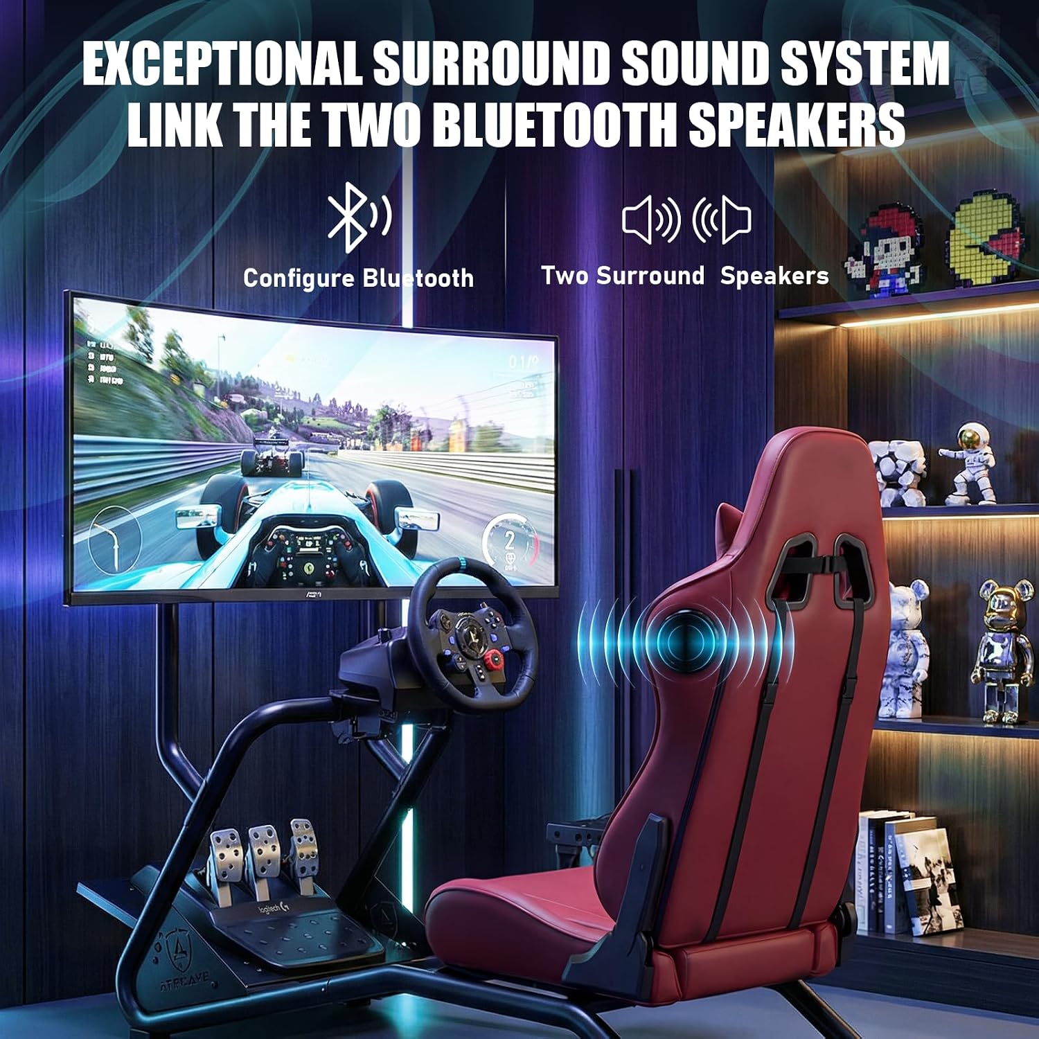 VOLANTE GTPLAYER RACING SIMULATOR COCKPIT CON SOPORTE PARA MONITOR Y ASIENTO RECLINABLE ROJO VINO - 3