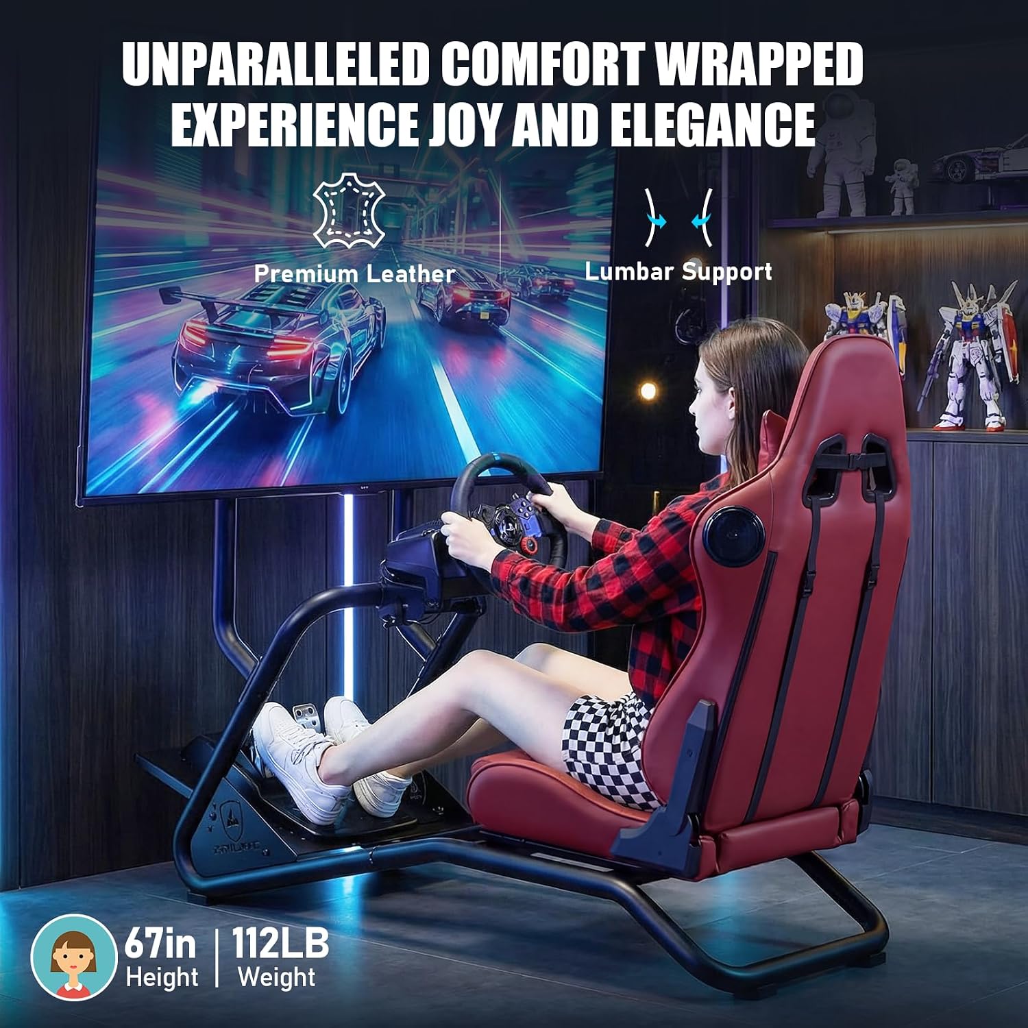 VOLANTE GTPLAYER RACING SIMULATOR COCKPIT CON SOPORTE PARA MONITOR Y ASIENTO RECLINABLE ROJO VINO - 5