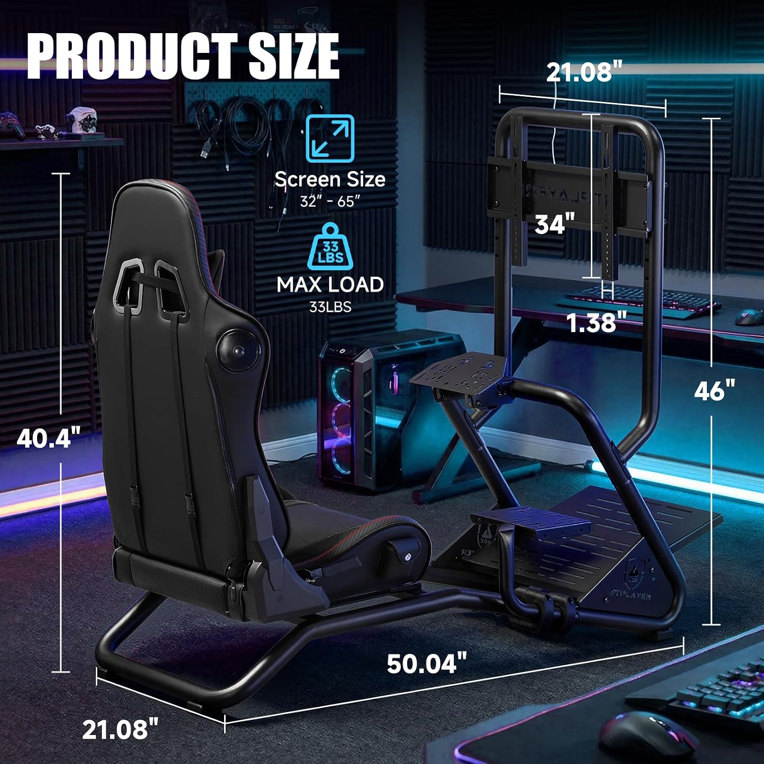 VOLANTE GTPLAYER RACING SIMULATOR COCKPIT CON SOPORTE PARA MONITOR Y ASIENTO RECLINABLE BLUETOOTH NEGRO - 2