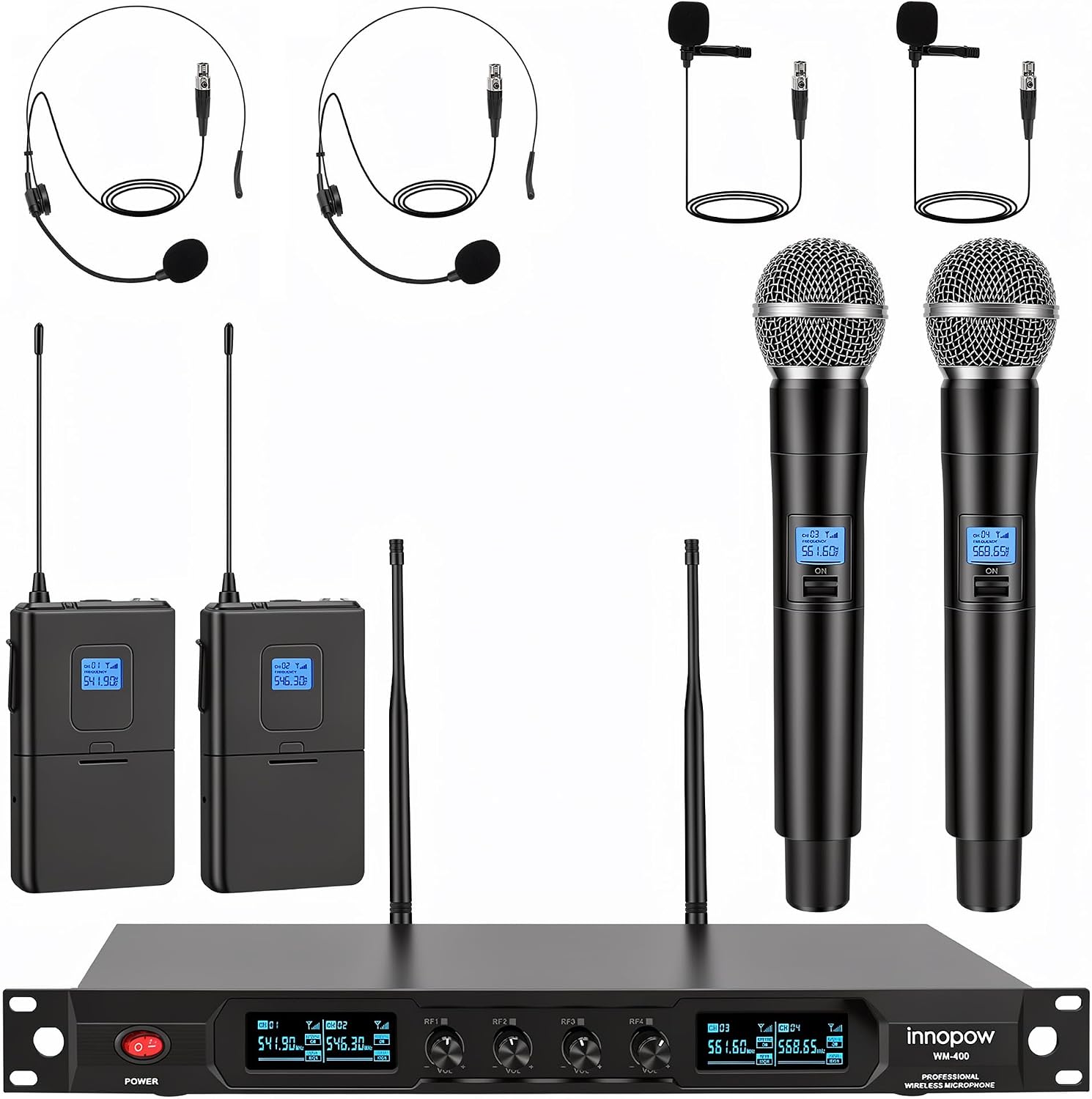 MICRÓFONO INALÁMBRICO INNOPOW SISTEMA 4 CANALES CON 2 MICRÓFONOS DE MANO Y 2 BODYPACK - 1
