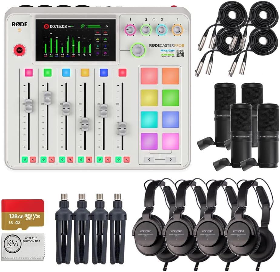 ESTUDIO DE PRODUCCIÓN DE AUDIO INTEGRADO RODE RODECASTER PRO II BLANCO CON 4 MICRÓFONOS PARA PODCAST Y TARJETA MICRO-SD 128GB - 1