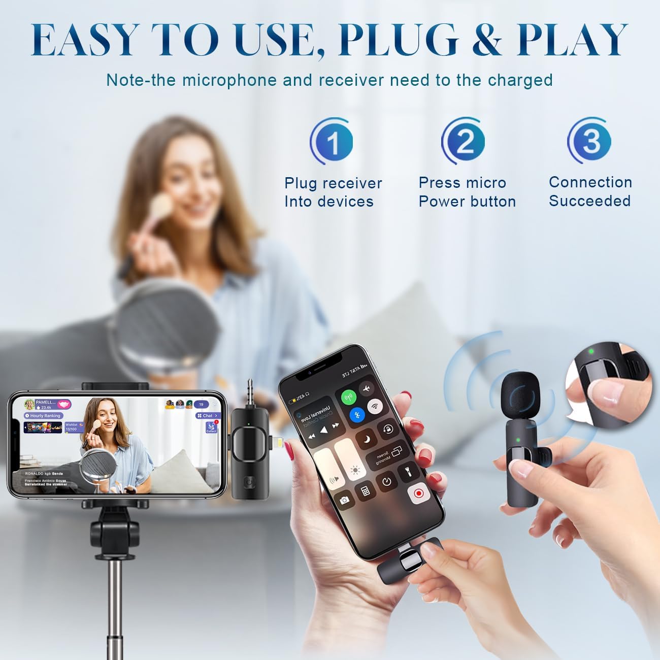 MICRÓFONO LAVALIER INALÁMBRICO AKCSWO 3 EN 1 PARA IPHONE, ANDROID Y CÁMARA - 4