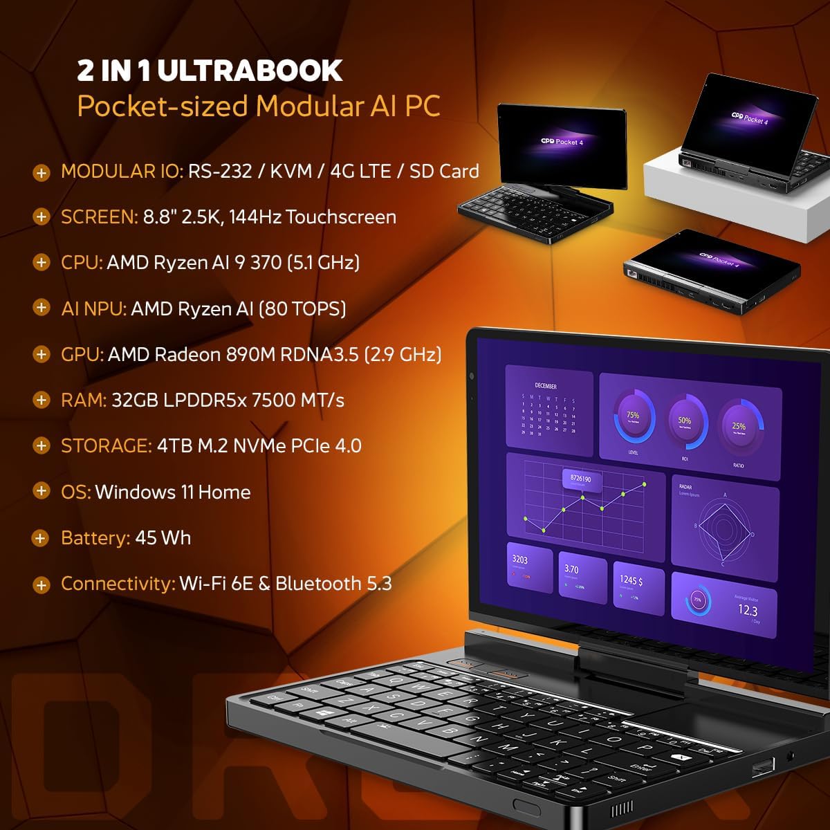 MINI LAPTOP GPD POCKET 4 AMD RYZEN AI 9 HX 370 32GB RAM 4TB SSD 8.8' 2.5K 144HZ - 1