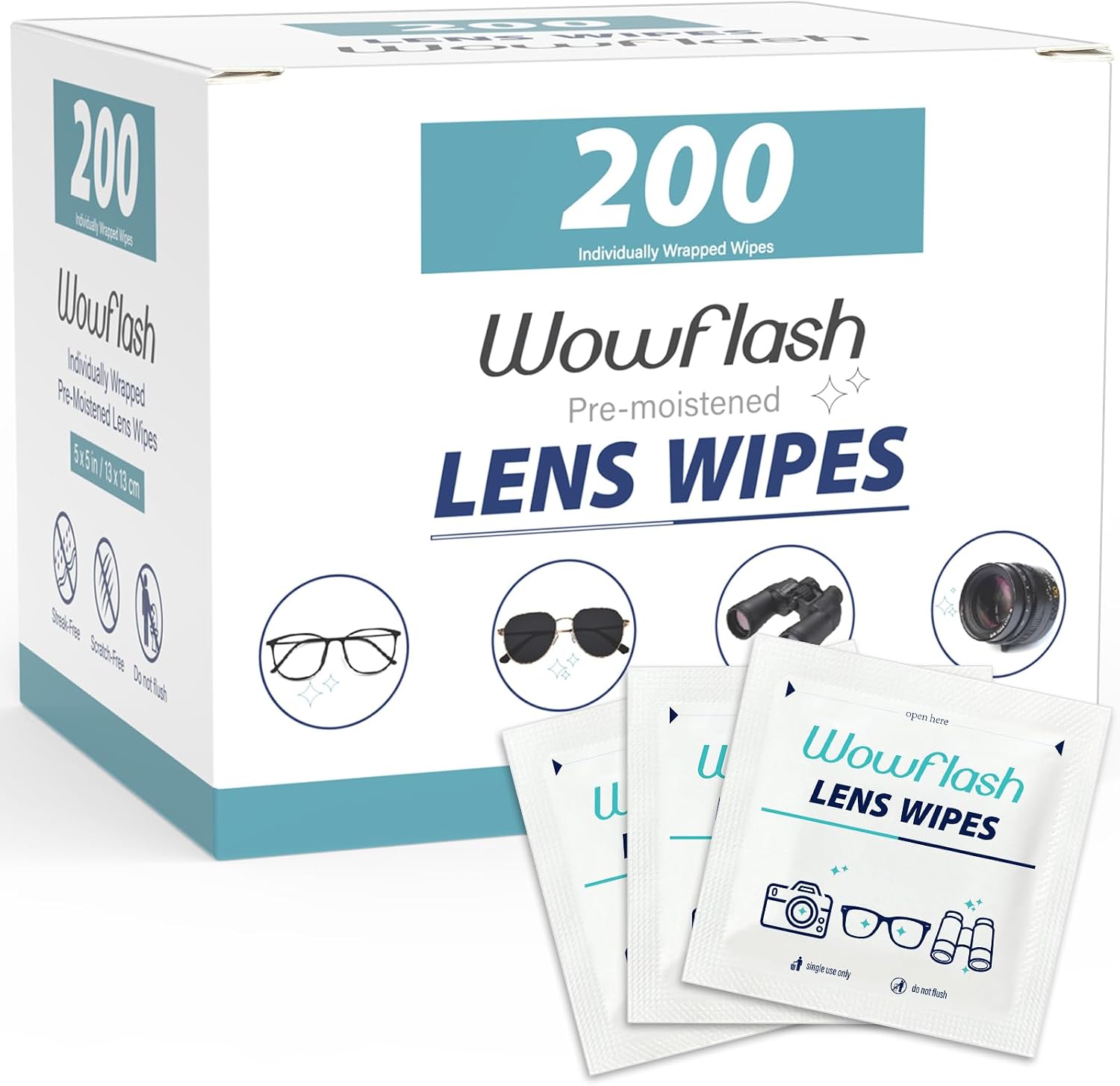 TOALLITAS LIMPIADORAS WOWFLASH PARA LENTES 200 UNIDADES - 1
