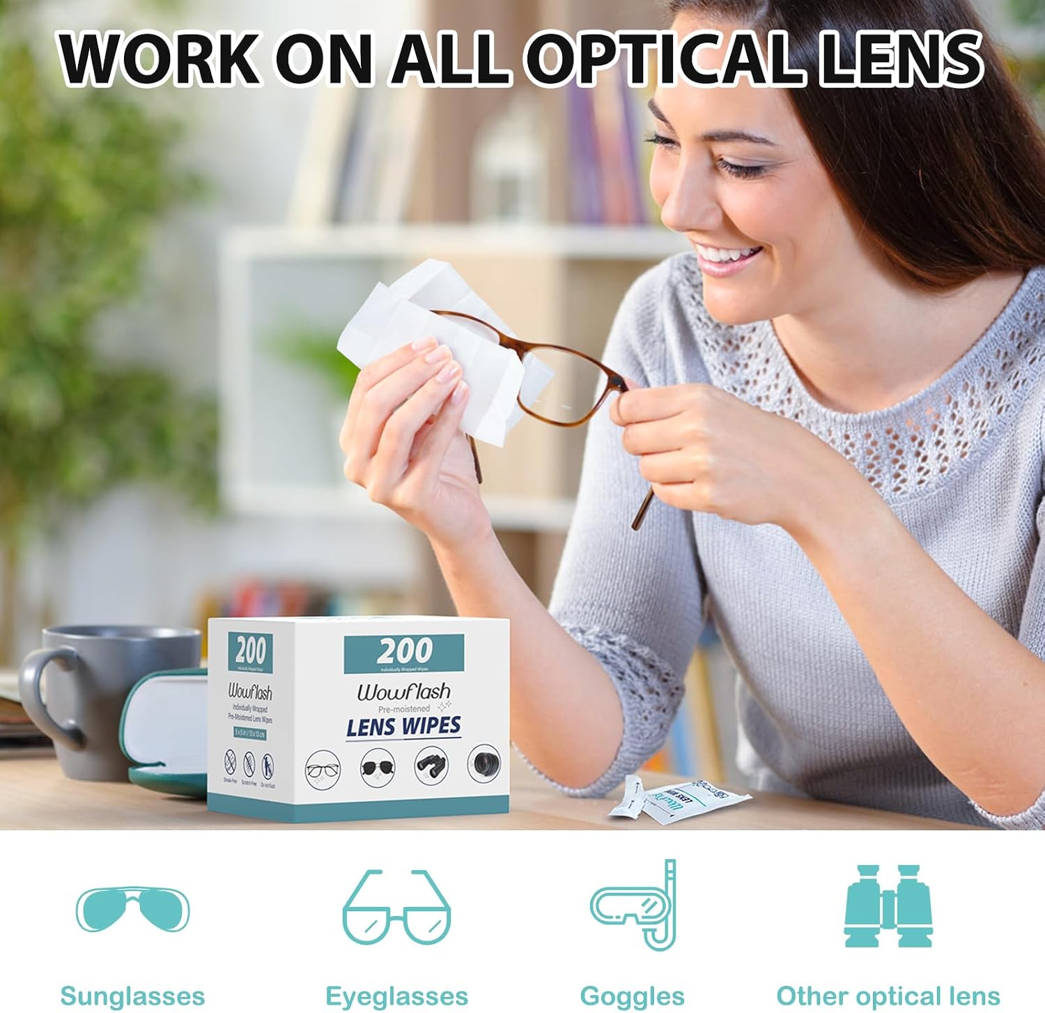 TOALLITAS LIMPIADORAS WOWFLASH PARA LENTES 200 UNIDADES - 2