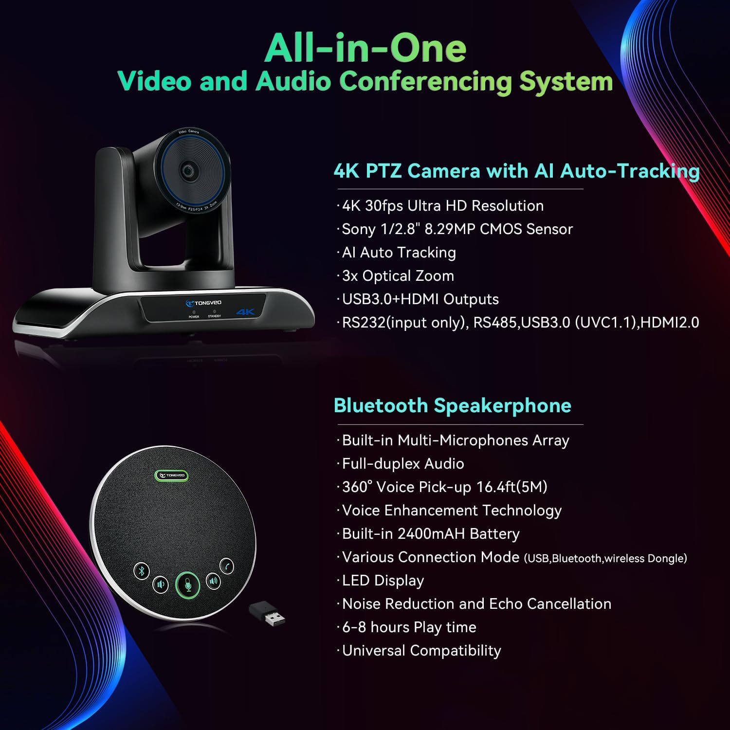 SISTEMA DE CÁMARA PARA SALA DE CONFERENCIAS TONGVEO 4K PTZ CON ZOOM ÓPTICO 3X Y ALTAVOZ BLUETOOTH INALÁMBRICO - 2