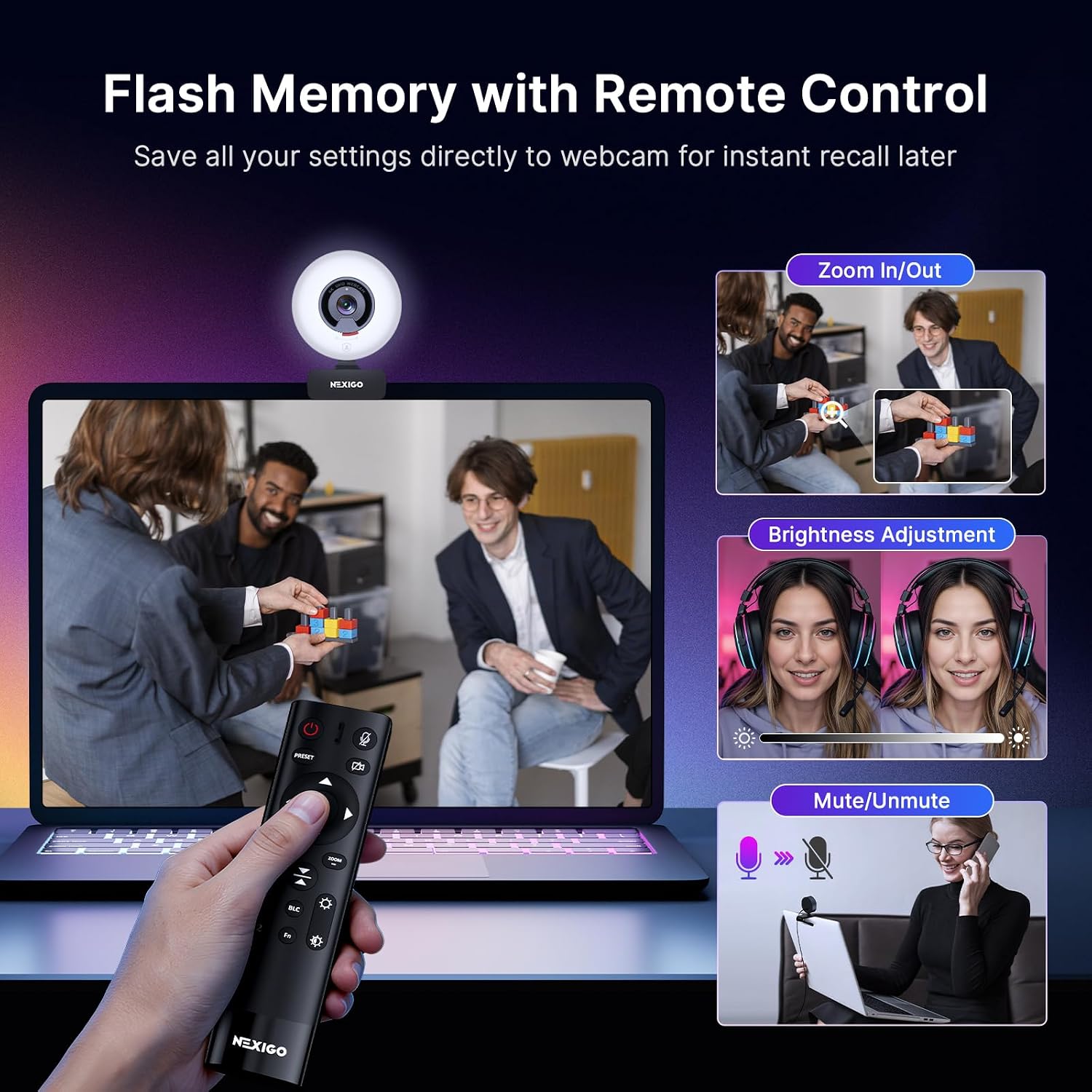 WEBCAM NEXIGO N960E PLUS 4K CON LUZ ANULAR Y CONTROL REMOTO RF - 5