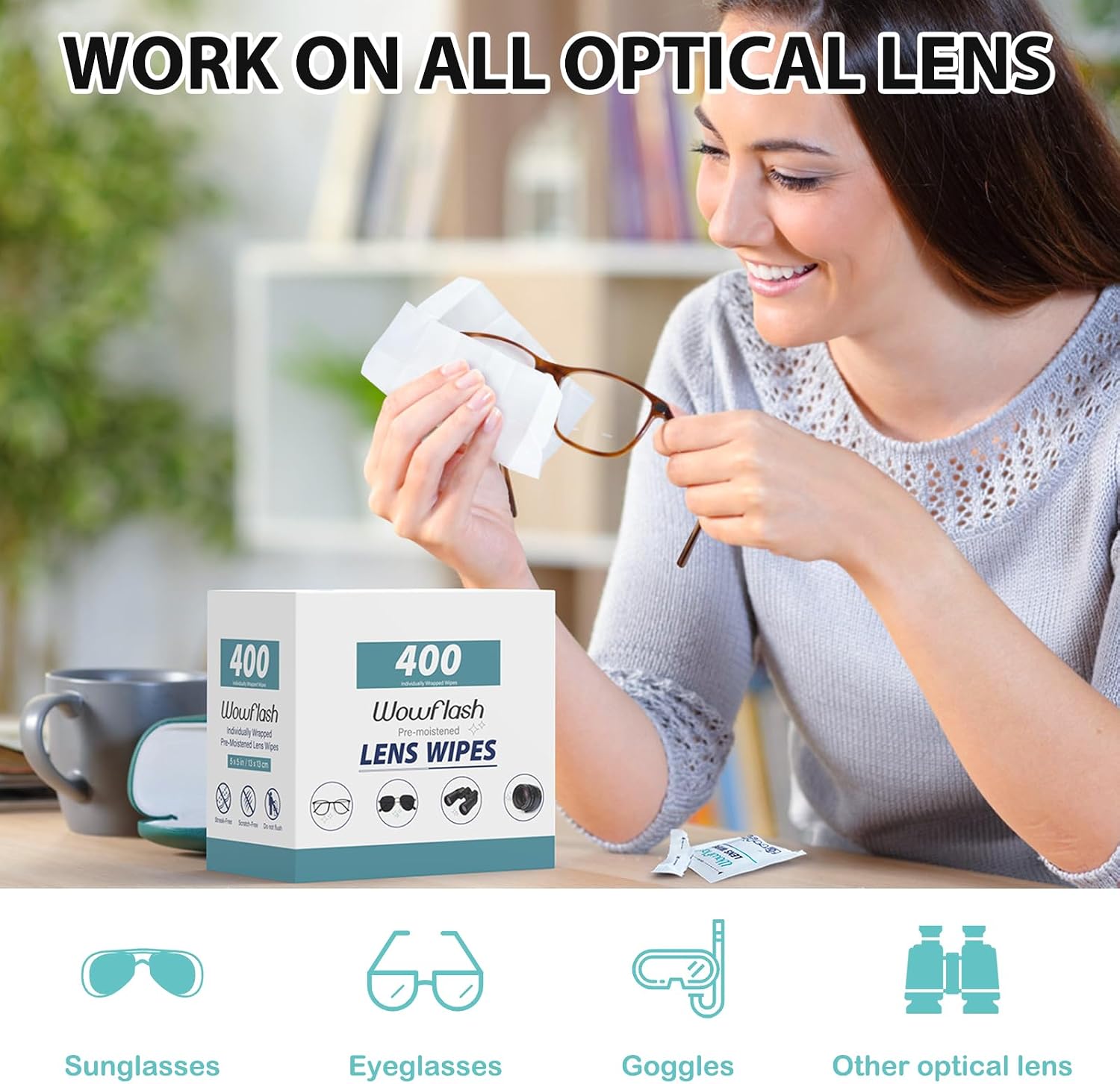 TOALLITAS LIMPIADORAS WOWFLASH PARA LENTES 400 UNIDADES - 2