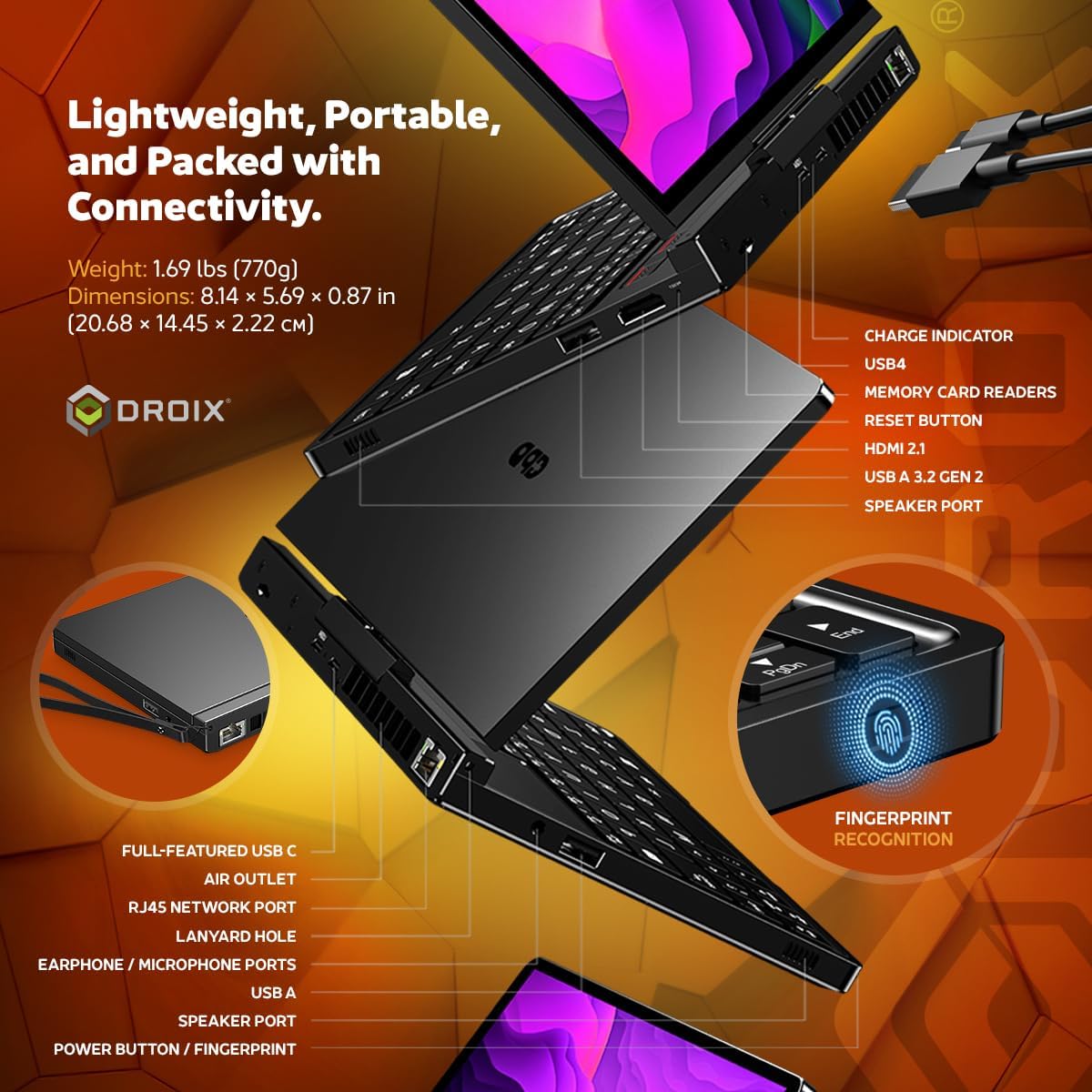 MINI LAPTOP GPD POCKET 4 AMD RYZEN 7 8840U 16GB RAM 2TB SSD 8.8' 2.5K 144HZ - 3