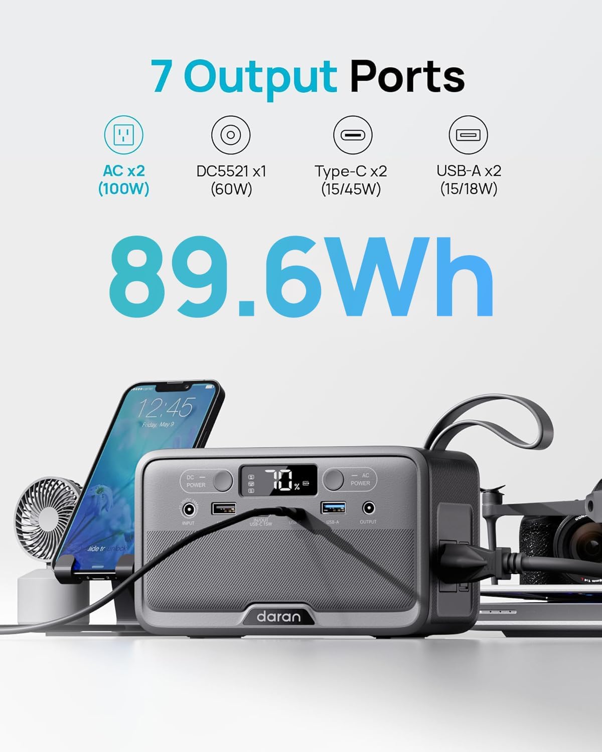 GENERADOR ELÉCTRICO PORTÁTIL DARANENER R100 89.6WH LIFEPO4 100W CON CARGA RÁPIDA PD - 2