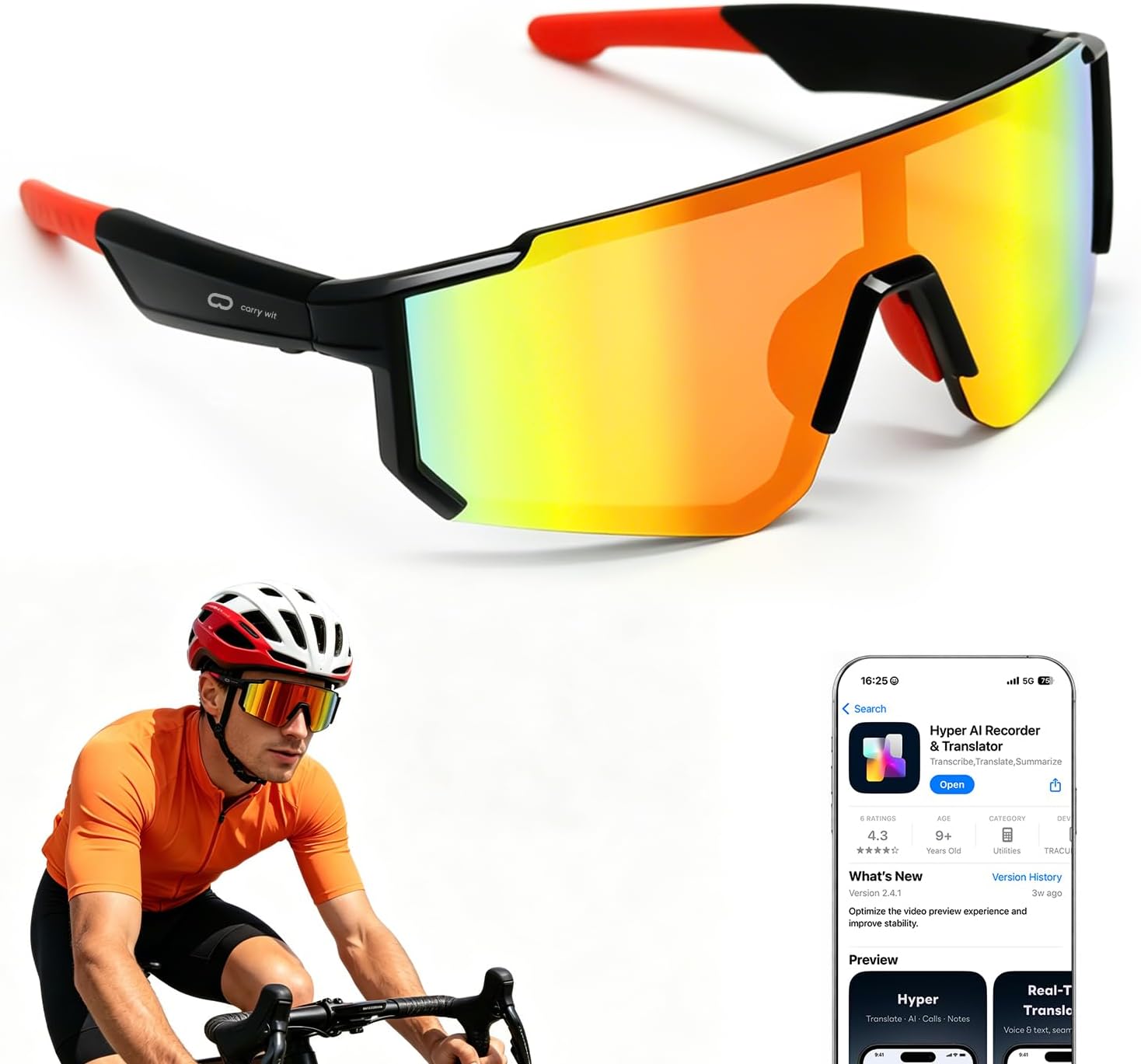 GAFAS DEPORTIVAS INTELIGENTES CARRY WIT BLUETOOTH 5.4 CON LENTES POLARIZADAS UV400 NARANJA - 1