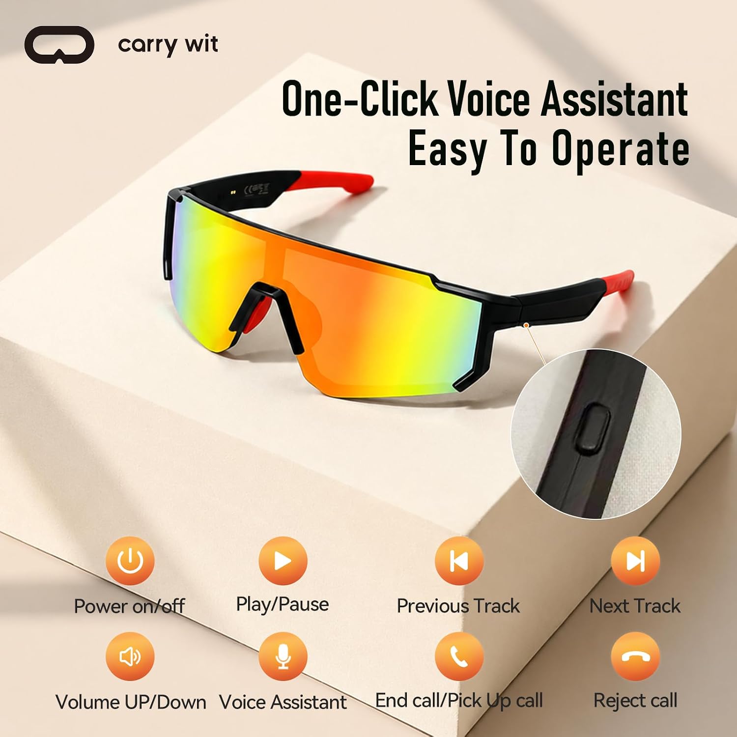 GAFAS DEPORTIVAS INTELIGENTES CARRY WIT BLUETOOTH 5.4 CON LENTES POLARIZADAS UV400 NARANJA - 4