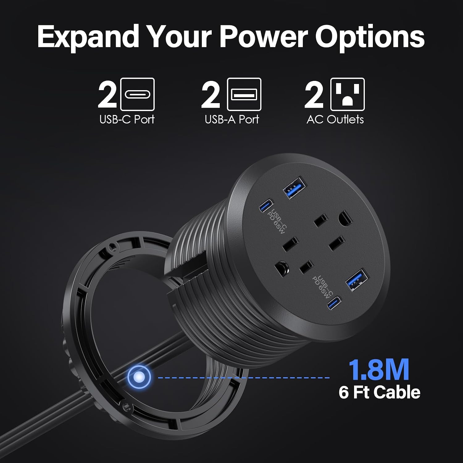 REGLETA EMPOTRABLE JGSTKCITY 65W USB-C 2 TOMACORRIENTES NEGRA - 4