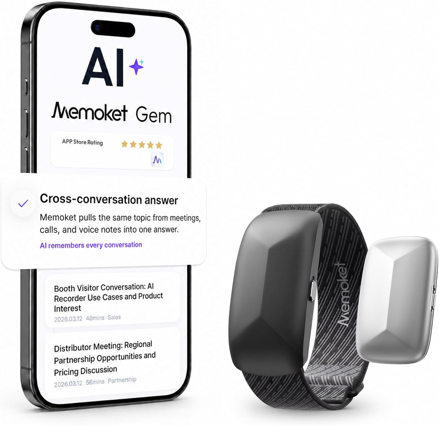 GRABADORA DE VOZ PORTÁTIL MEMOKET GEM CON IA Y PULSERA - 1