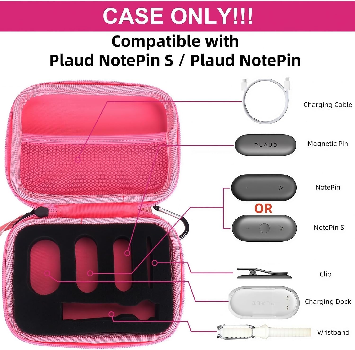 ESTUCHE RÍGIDO YOUKNOW COMPATIBLE CON GRABADORA DE VOZ PLAUD NOTEPIN/NOTEPIN S AI CON ESPUMA PERSONALIZADA ROSA - 2