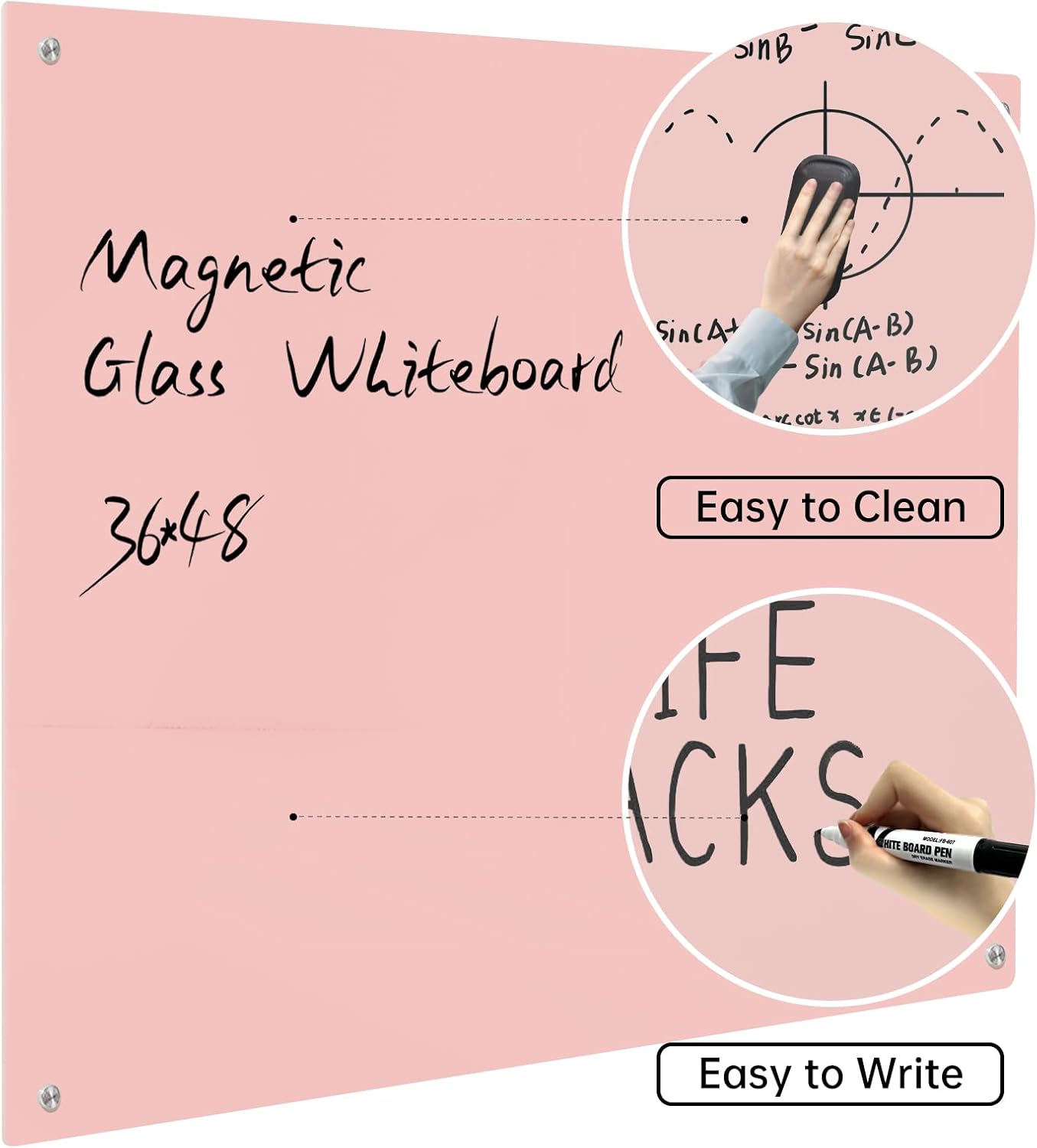 PIZARRA DE VIDRIO MAGNÉTICA NOTEPAD 48 X 36 PULGADAS SIN MARCO COLOR ROSA - 4