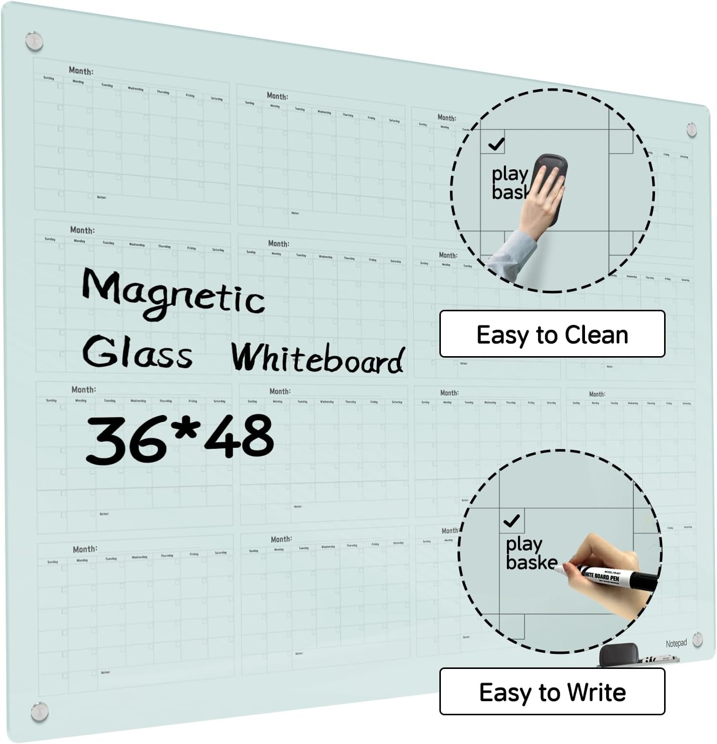 PIZARRA BLANCA MAGNÉTICA DE VIDRIO NOTEPAD 48 X 36 PULGADAS SIN MARCO - 3