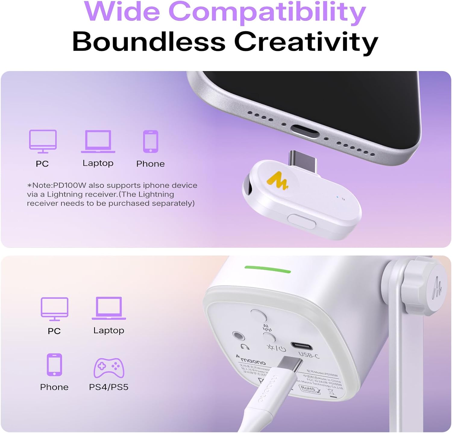 MICRÓFONO DINÁMICO INALÁMBRICO MAONO PD100W PARA GAMING CON RECEPTOR USB-C - 4