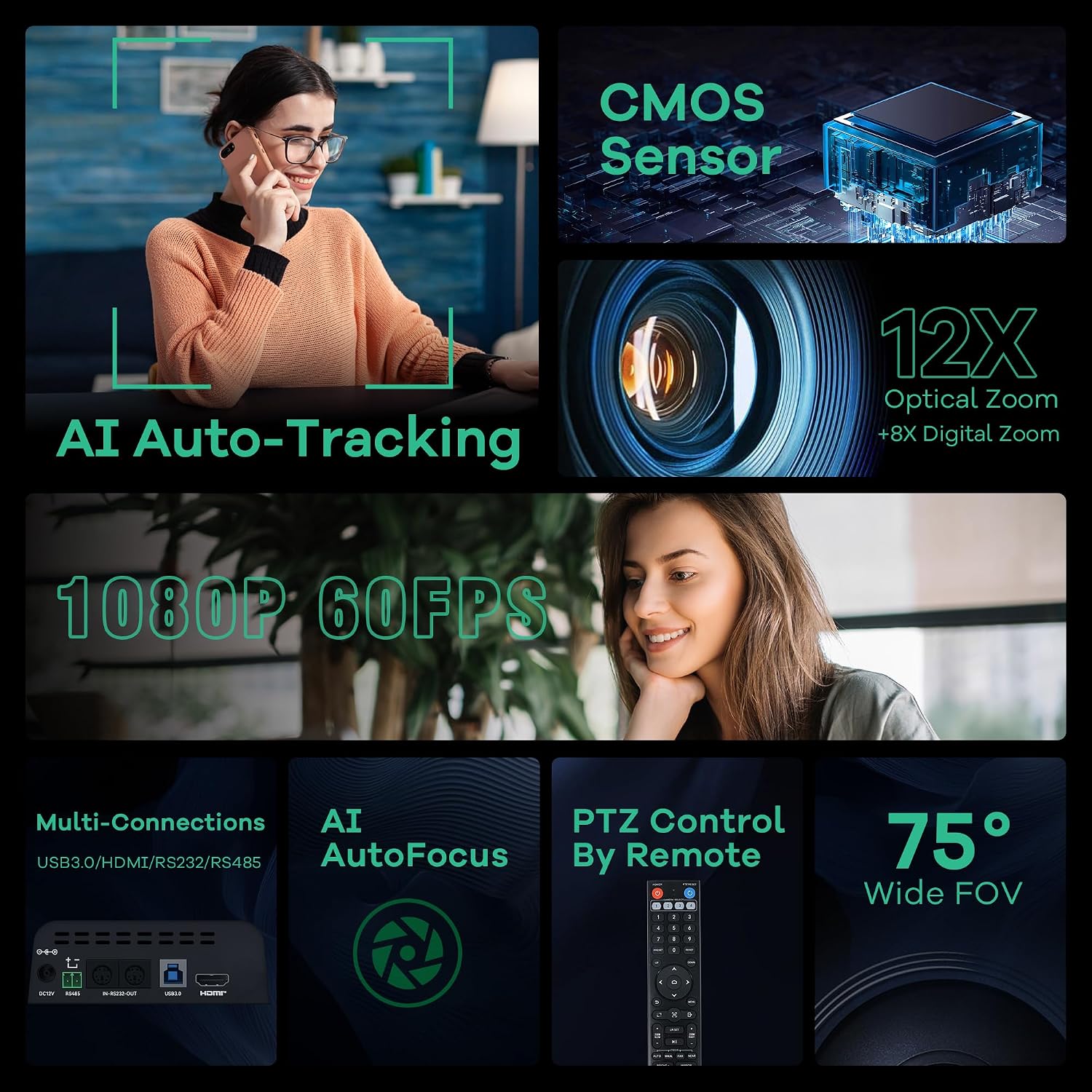 CÁMARA PTZ TONGVEO 12X ZOOM ÓPTICO 1080P AI HDMI USB 3.0 PARA CONFERENCIAS - 2