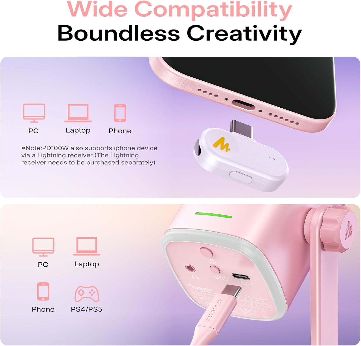 MICRÓFONO DINÁMICO INALÁMBRICO MAONO PD100W PARA GAMING CON RECEPTOR USB-C - 4