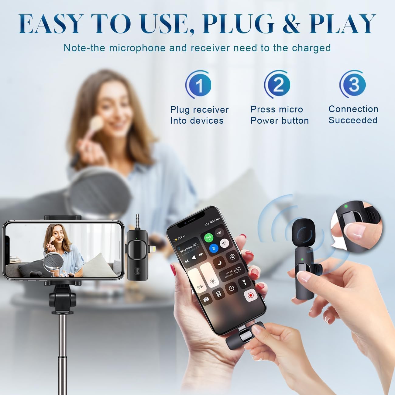 MICRÓFONO LAVALIER INALÁMBRICO AKCSWO 3 EN 1 PARA IPHONE, ANDROID Y CÁMARA - 4