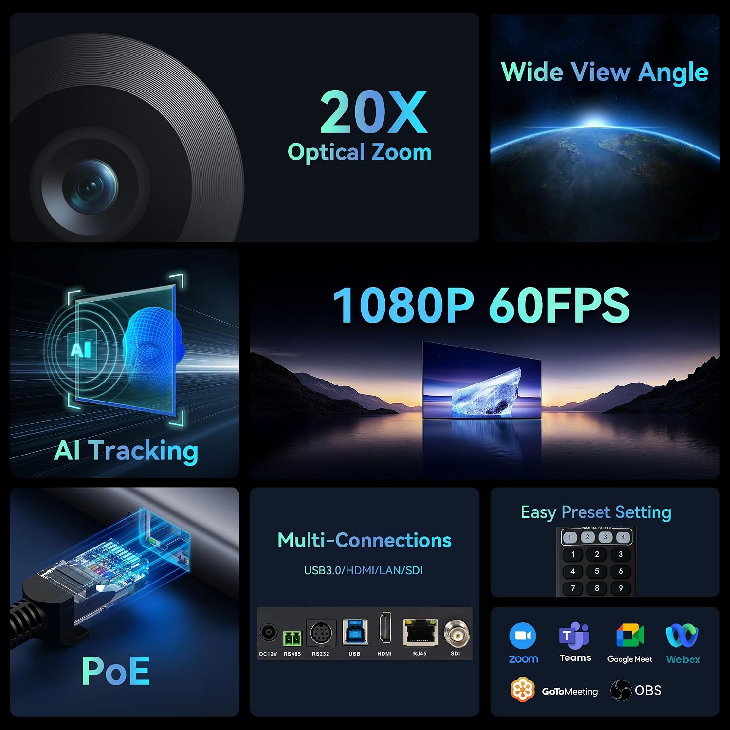 CÁMARA PTZ TONGVEO 20X ZOOM ÓPTICO AI HDMI IP SDI USB3.0 60FPS POE - 2
